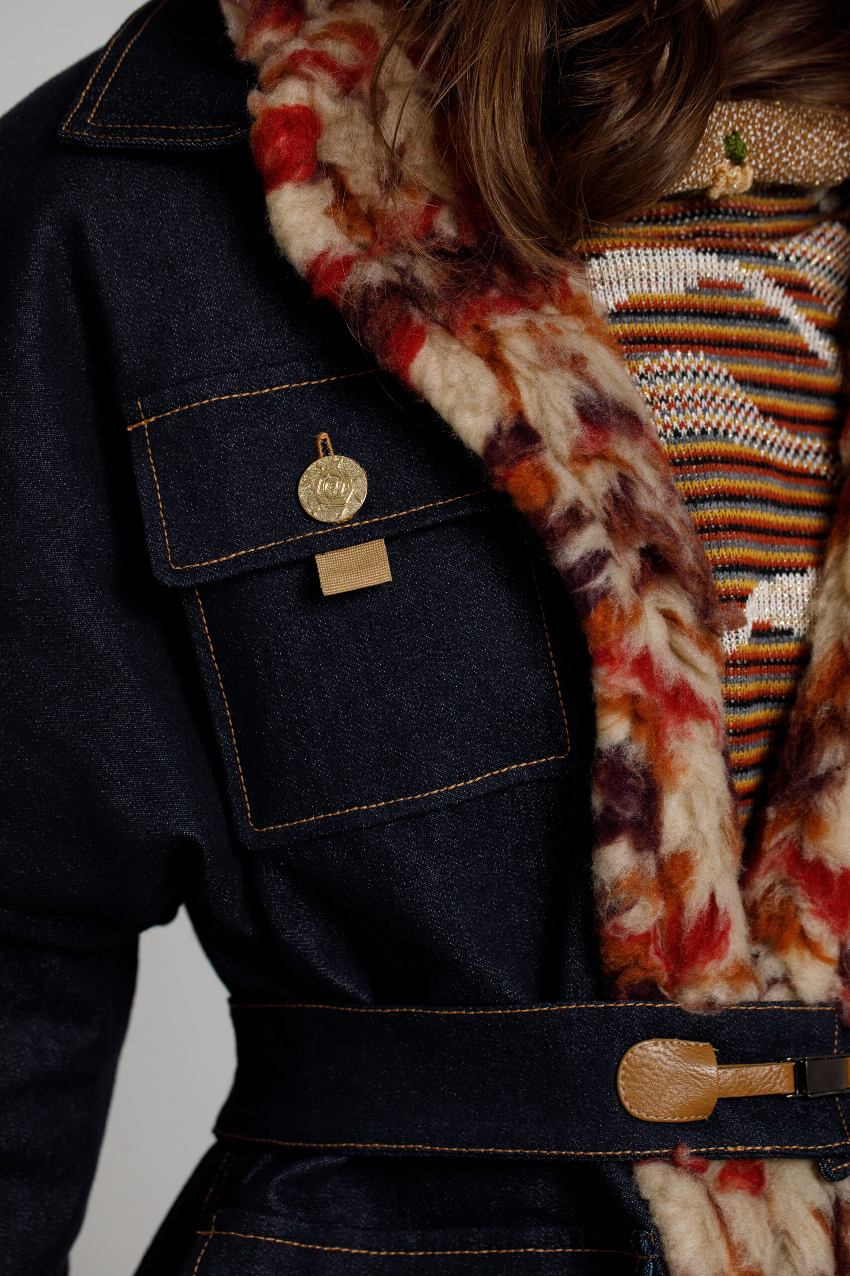 HEDONA jacket in navy blue denim with brick fur. Natural fabrics, original design, handmade embroidery