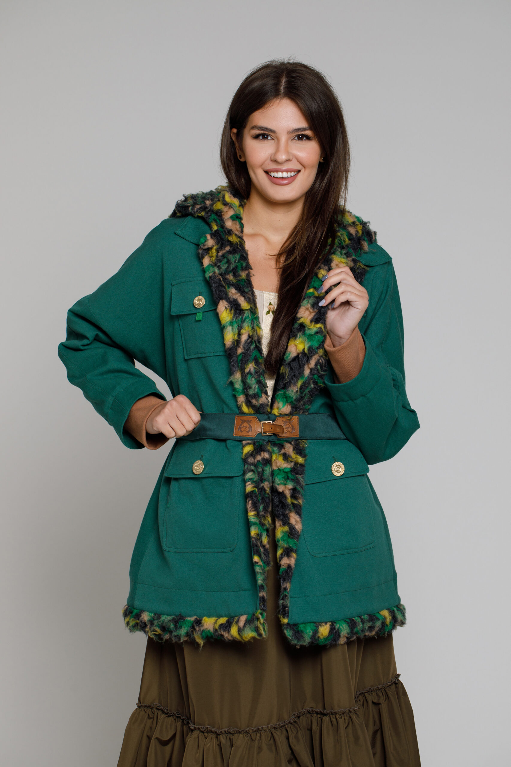 HEDONA jacket in green tercot with multicolored fur. Natural fabrics, original design, handmade embroidery