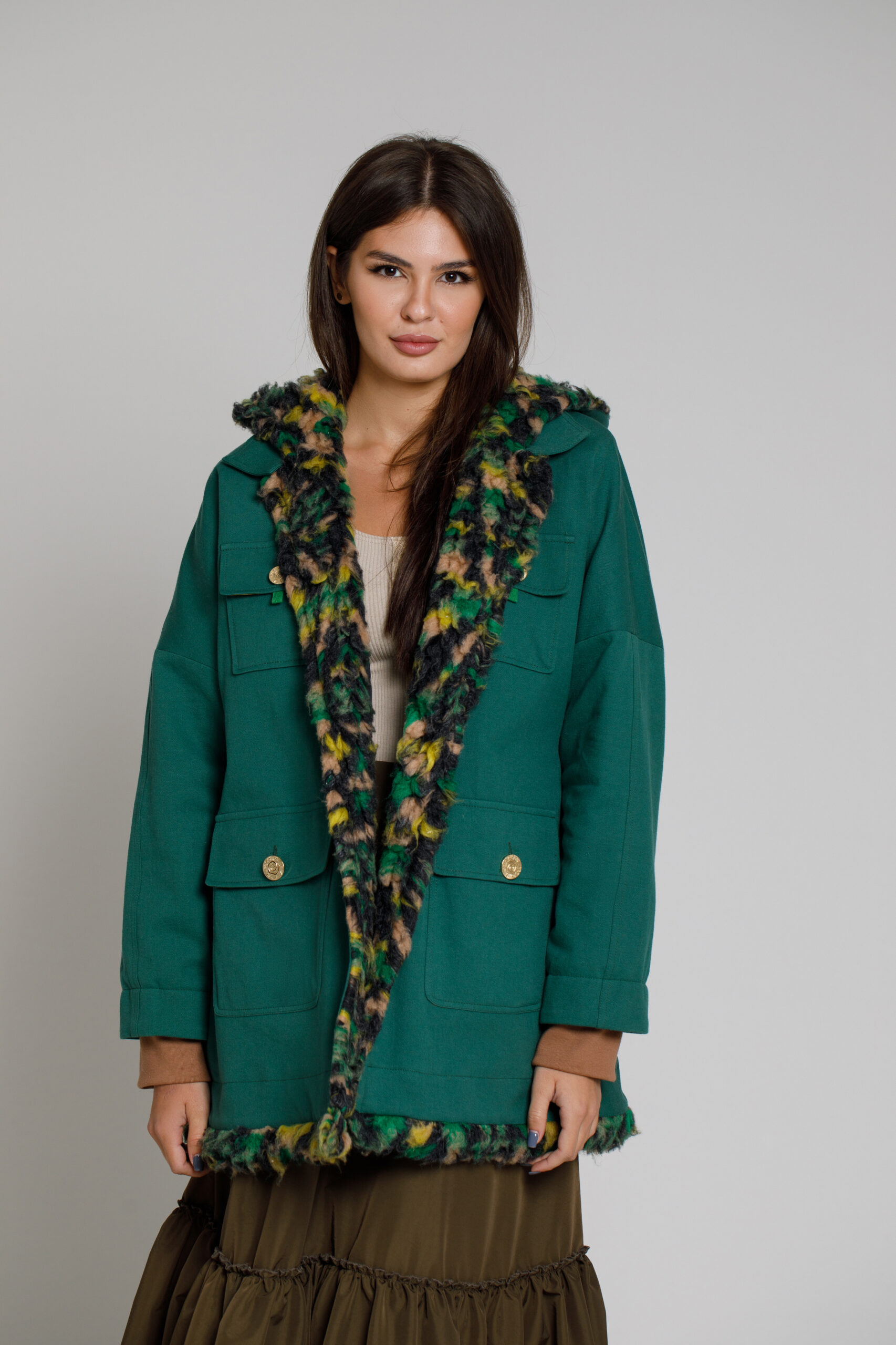 HEDONA jacket in green tercot with multicolored fur. Natural fabrics, original design, handmade embroidery