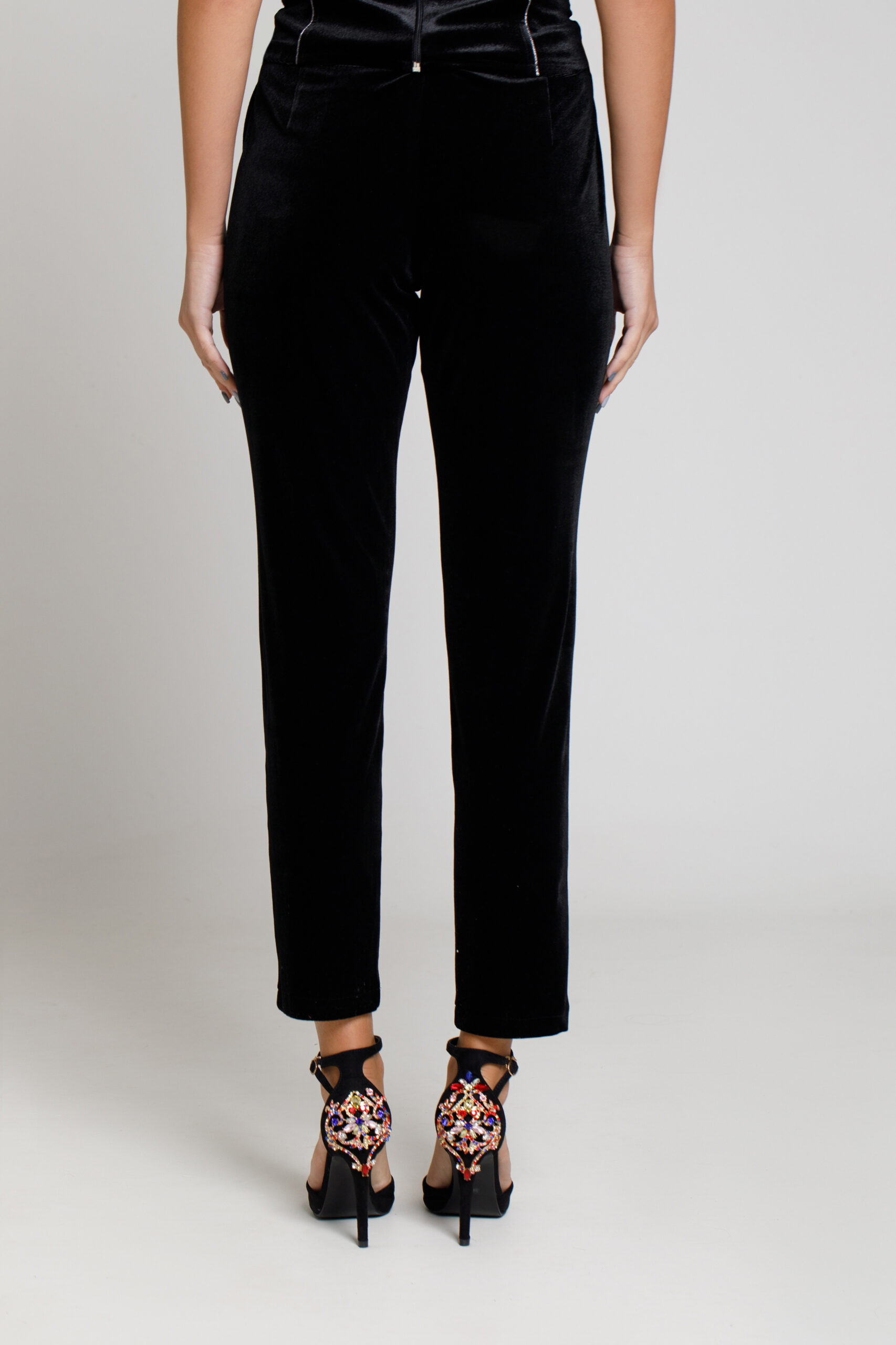LUBA pants in black velvet with lace. Natural fabrics, original design, handmade embroidery