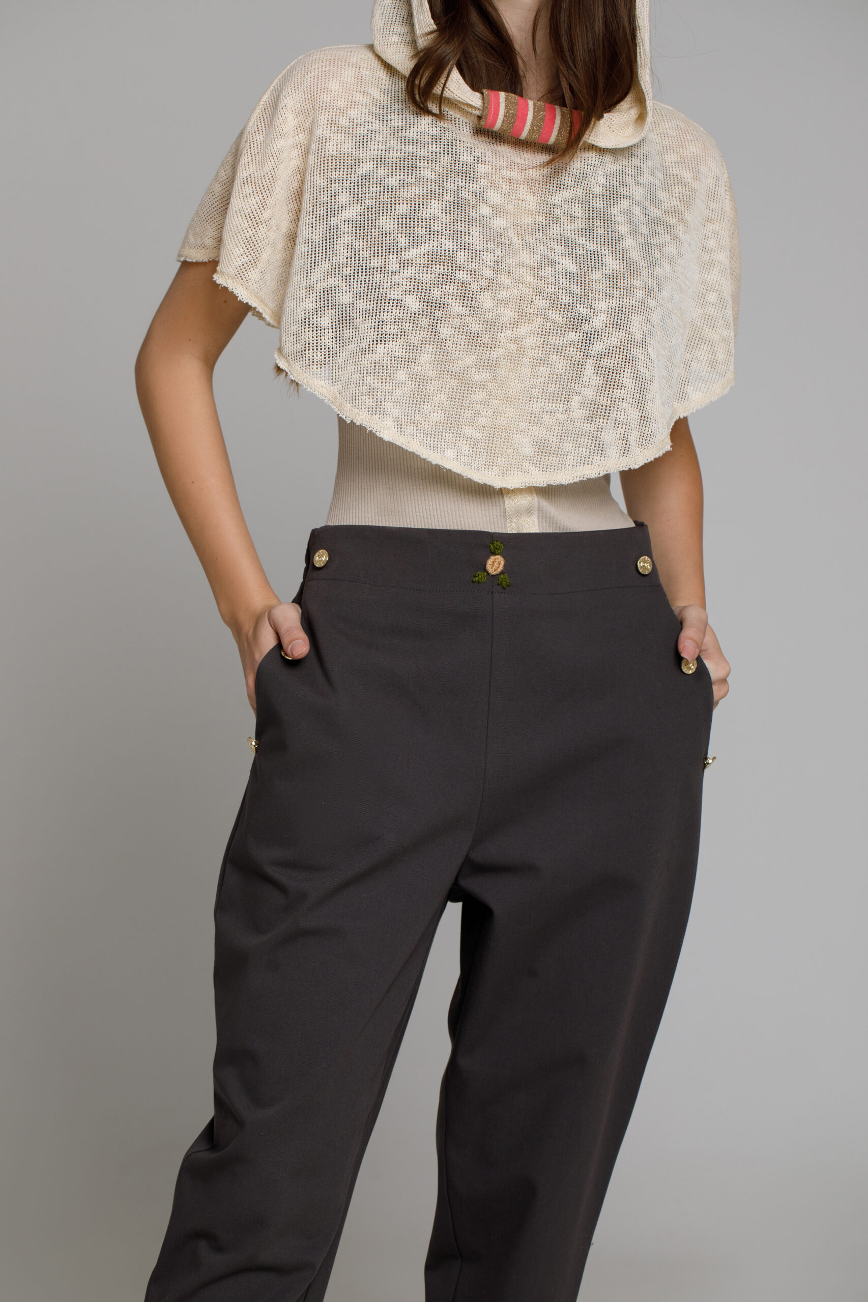 RADA trousers in gray tercot. Natural fabrics, original design, handmade embroidery