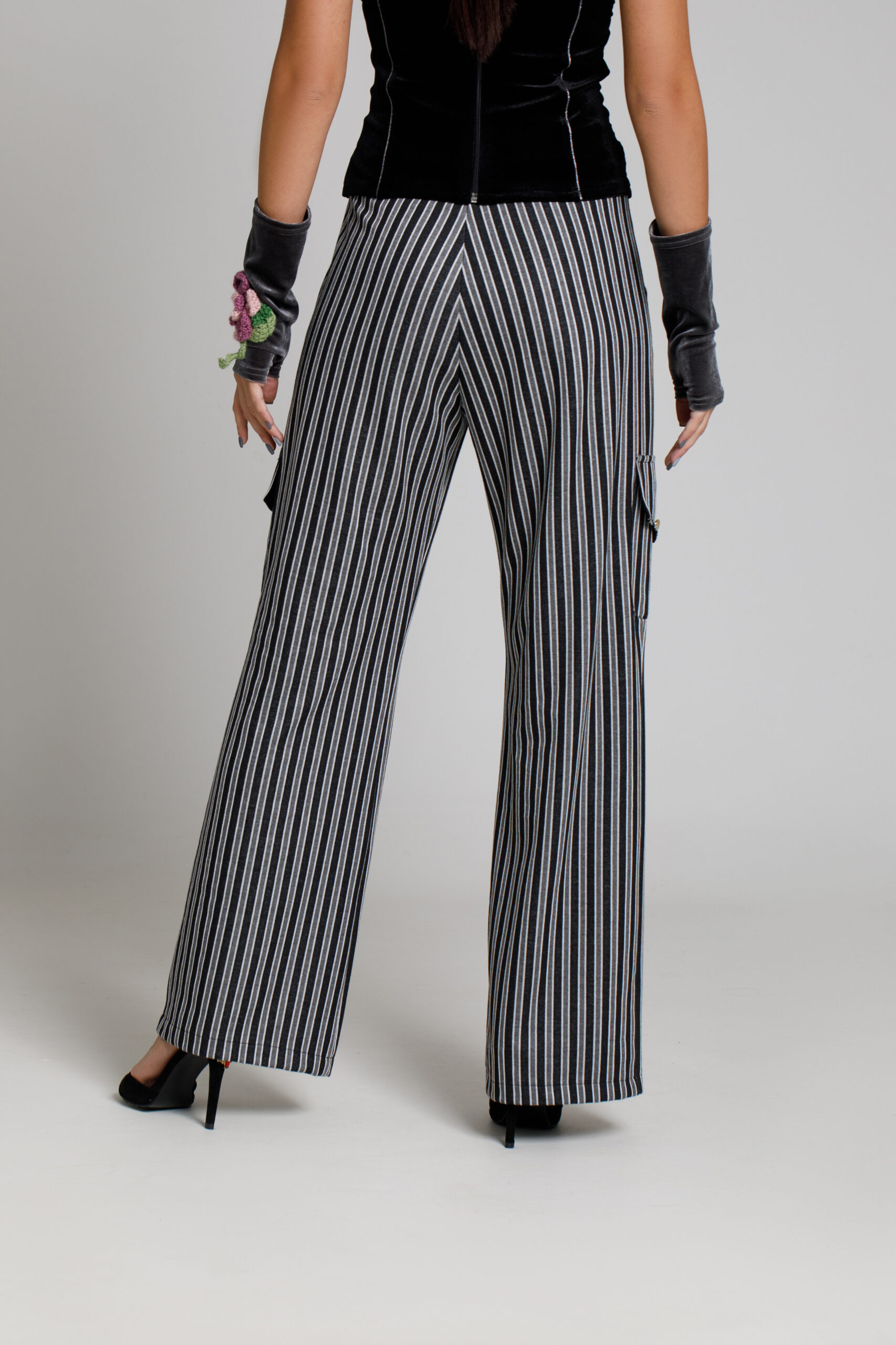 ROWAN trousers in black and white stripes. Natural fabrics, original design, handmade embroidery