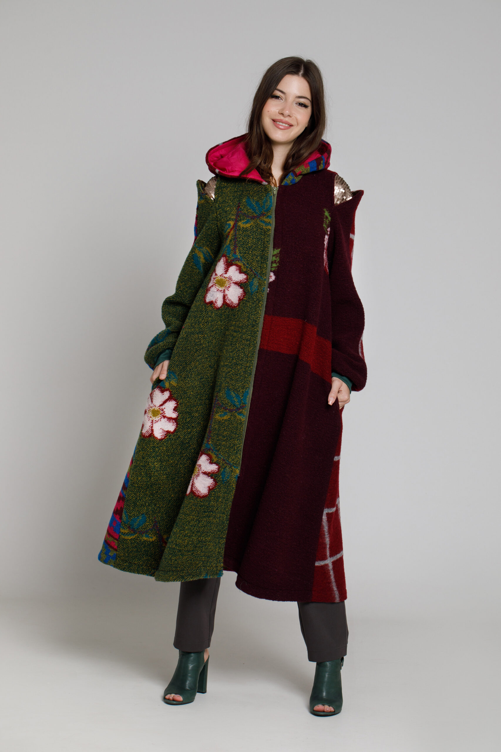 BETINA OVERCOAT Cherry with detachable pink quilted vest. Natural fabrics, original design, handmade embroidery