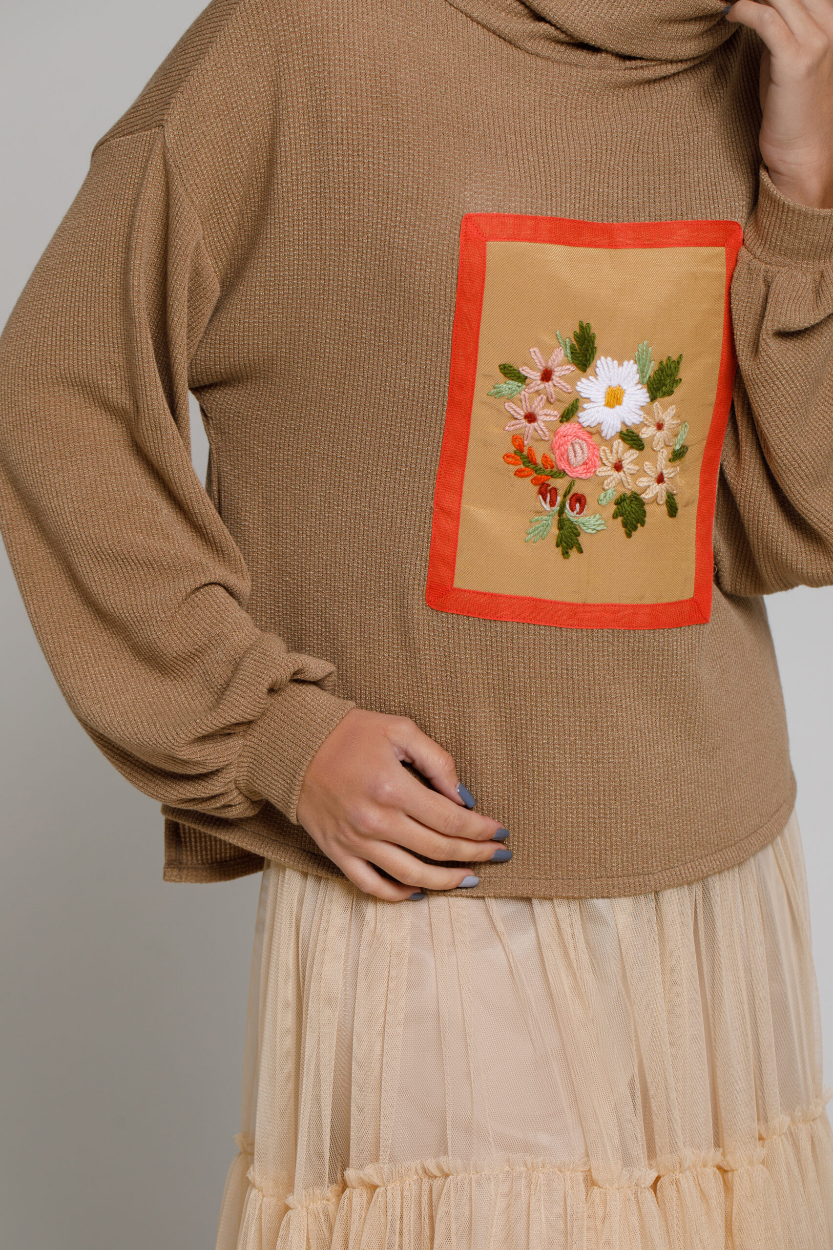BRAND cappuccino sweater with floral embroidery. Natural fabrics, original design, handmade embroidery
