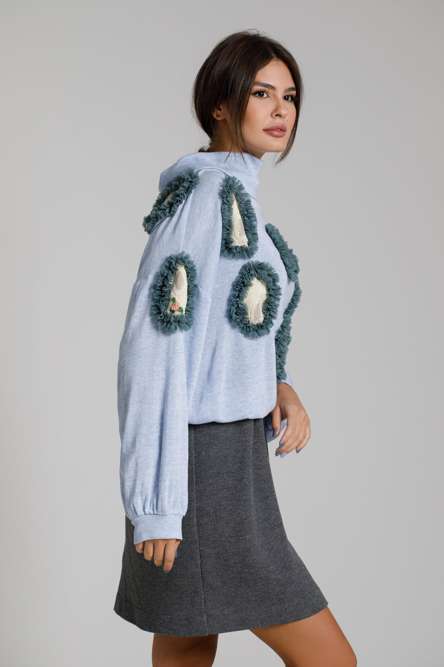 LIVY BLUE SWEATER with brocade and gray tulle applications. Natural fabrics, original design, handmade embroidery