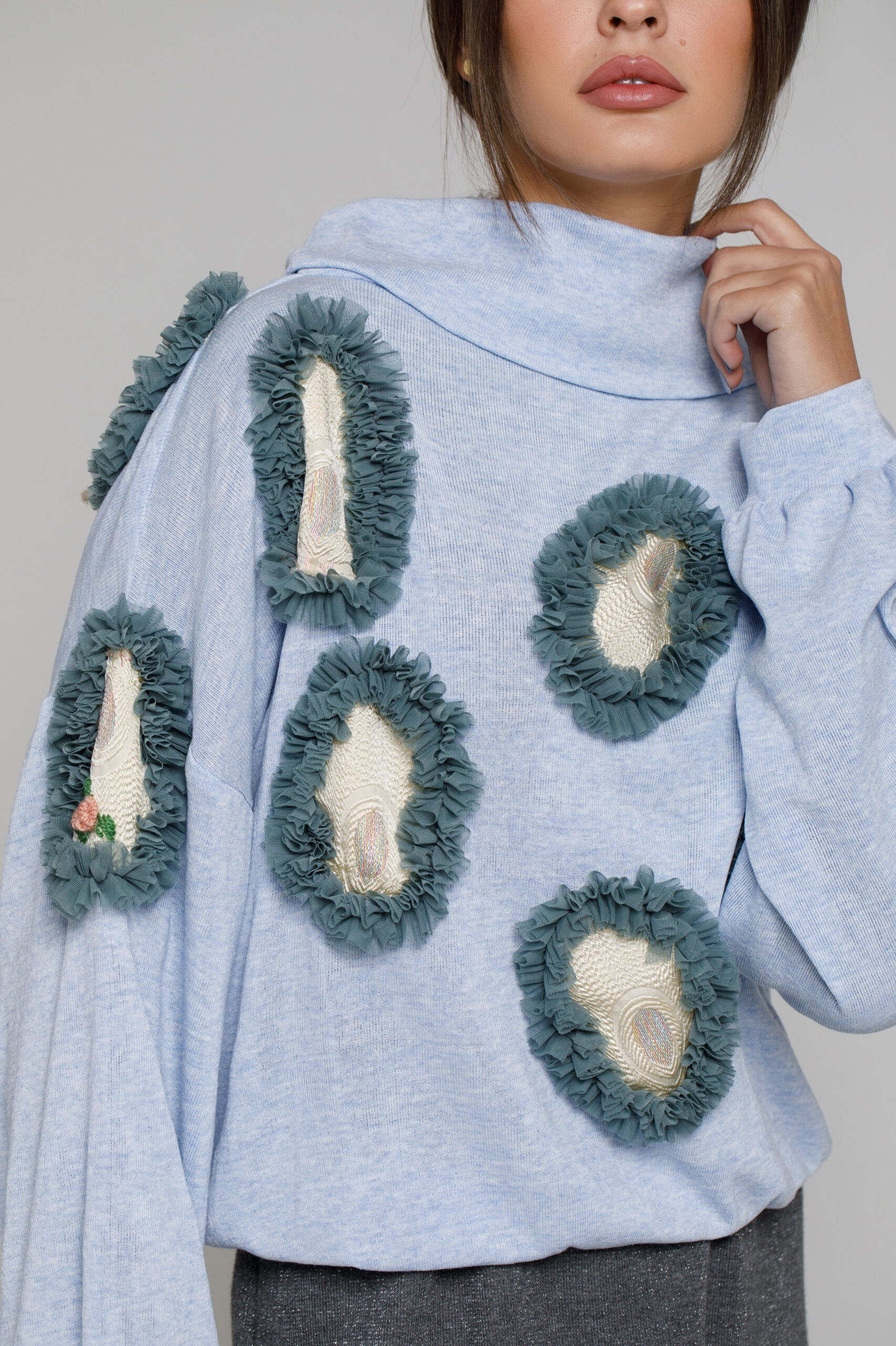 LIVY BLUE SWEATER with brocade and gray tulle applications. Natural fabrics, original design, handmade embroidery