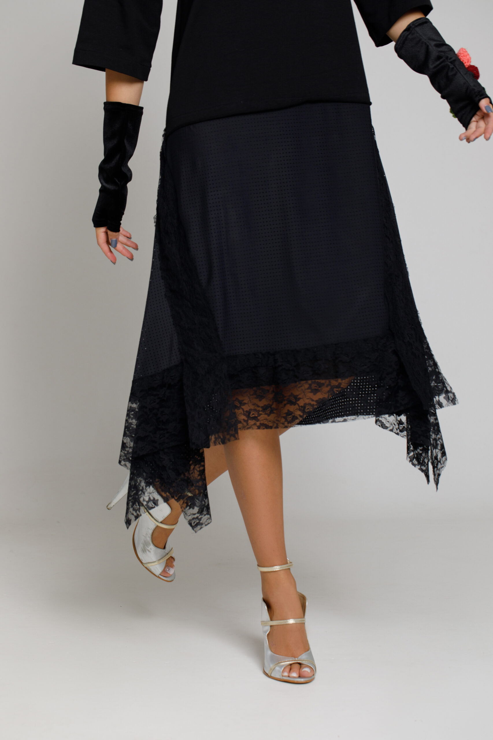 ALDA Black asymmetric dress with lace border. Natural fabrics, original design, handmade embroidery