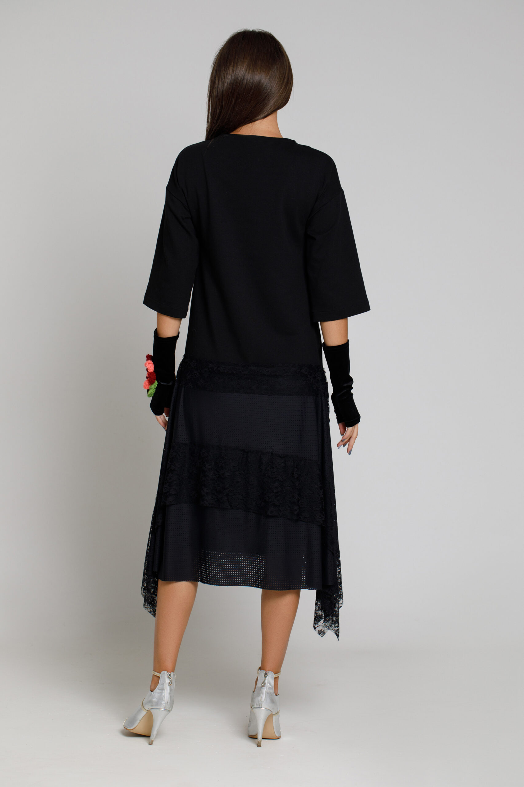 ALDA Black asymmetric dress with lace border. Natural fabrics, original design, handmade embroidery