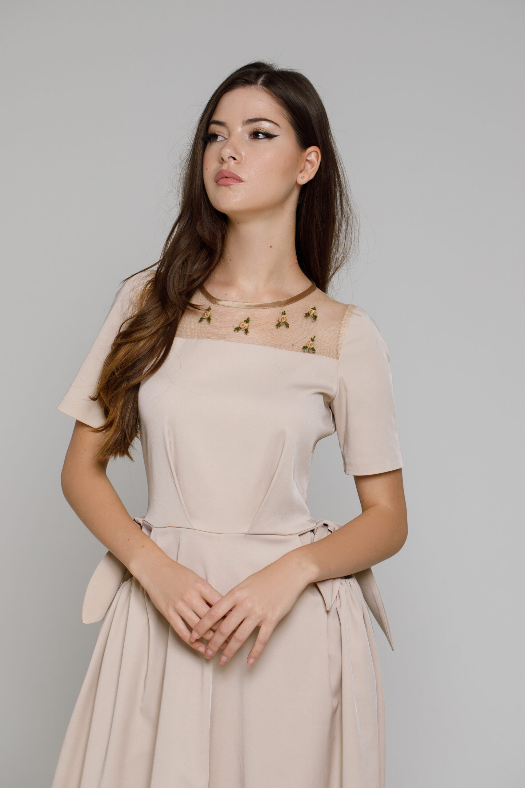 ALVARA beige dress. Natural fabrics, original design, handmade embroidery