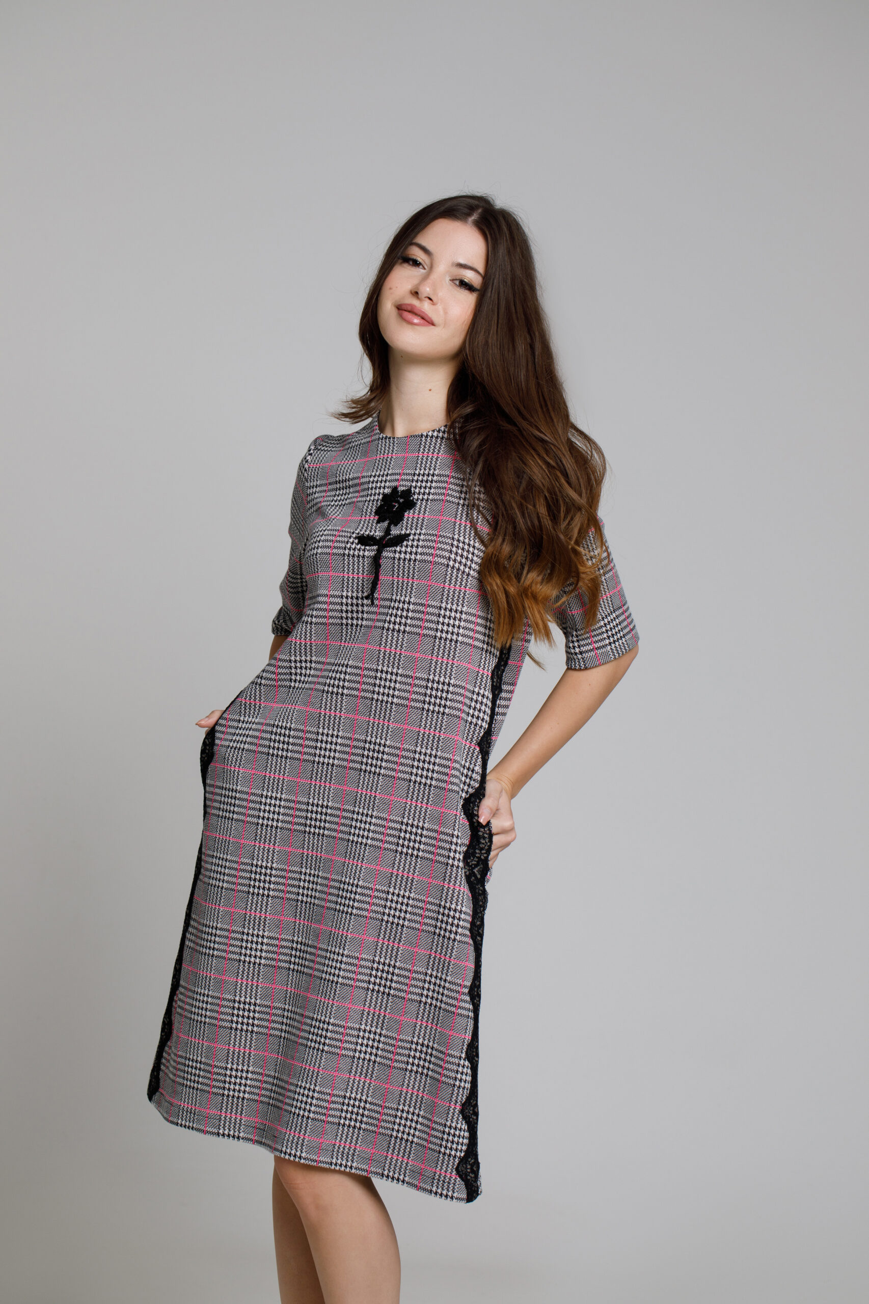 ARELLA dress in check fabric AND PINK STRIPES. Natural fabrics, original design, handmade embroidery