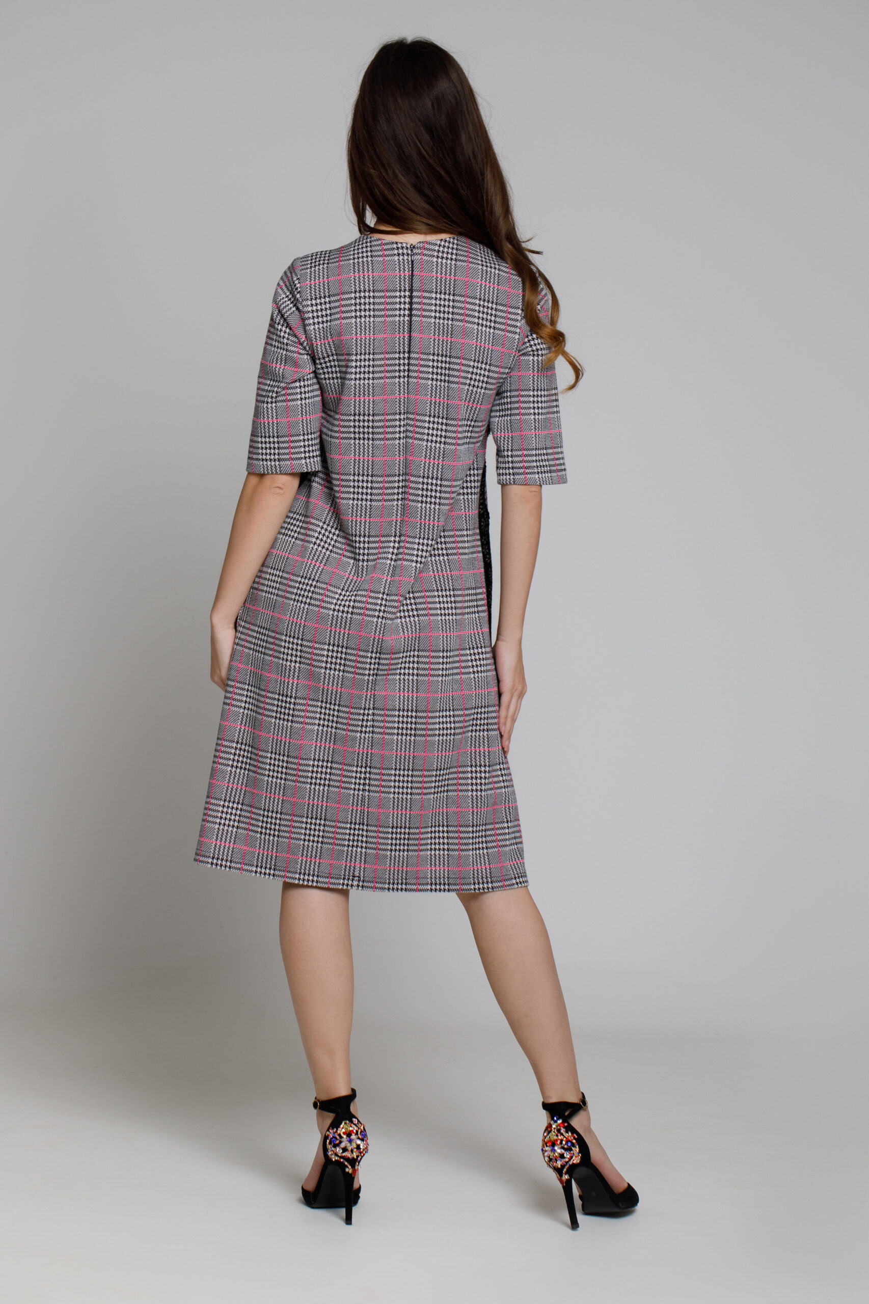 ARELLA dress in check fabric AND PINK STRIPES. Natural fabrics, original design, handmade embroidery