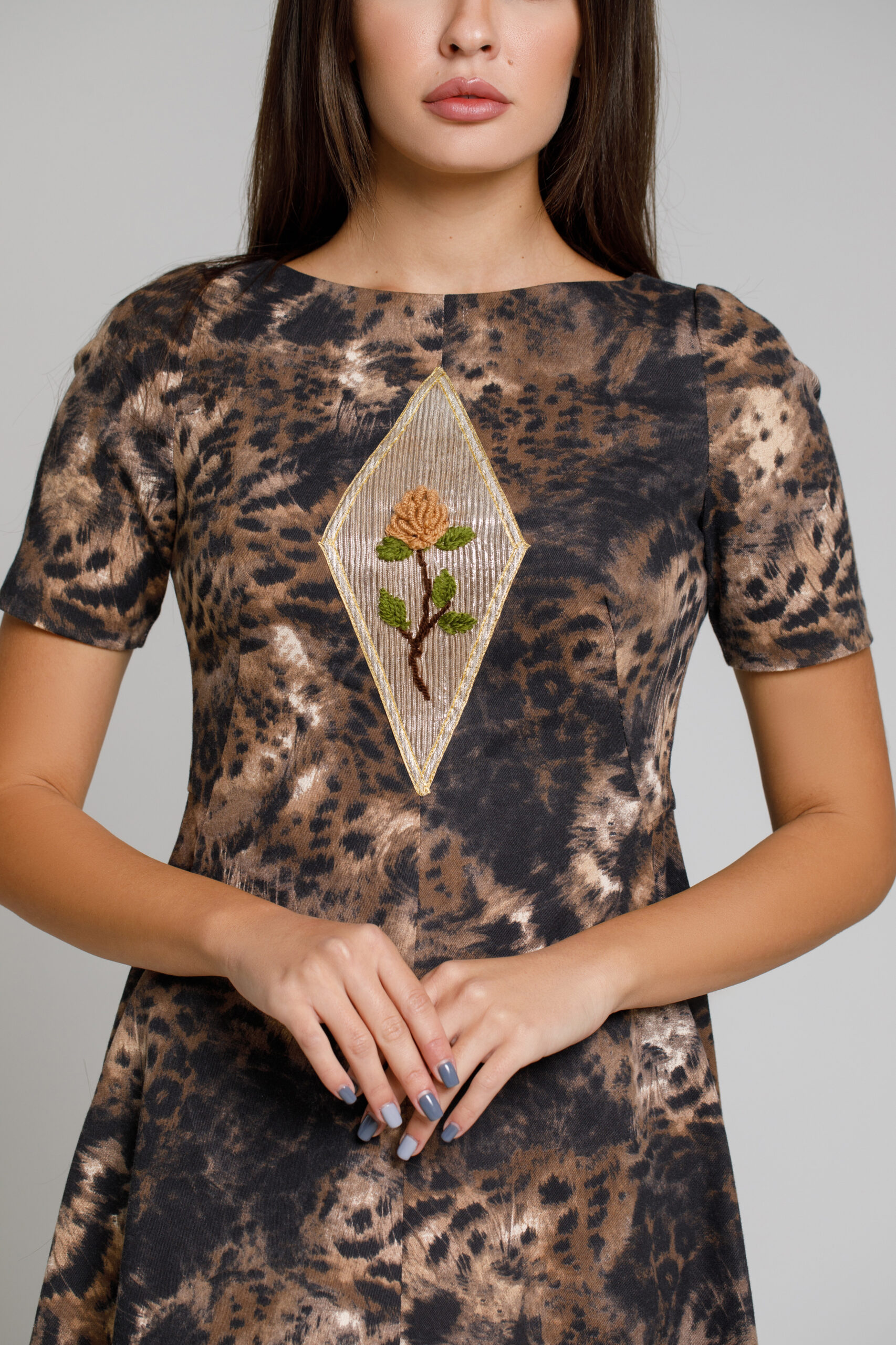 IMMA dress in animal print. Natural fabrics, original design, handmade embroidery