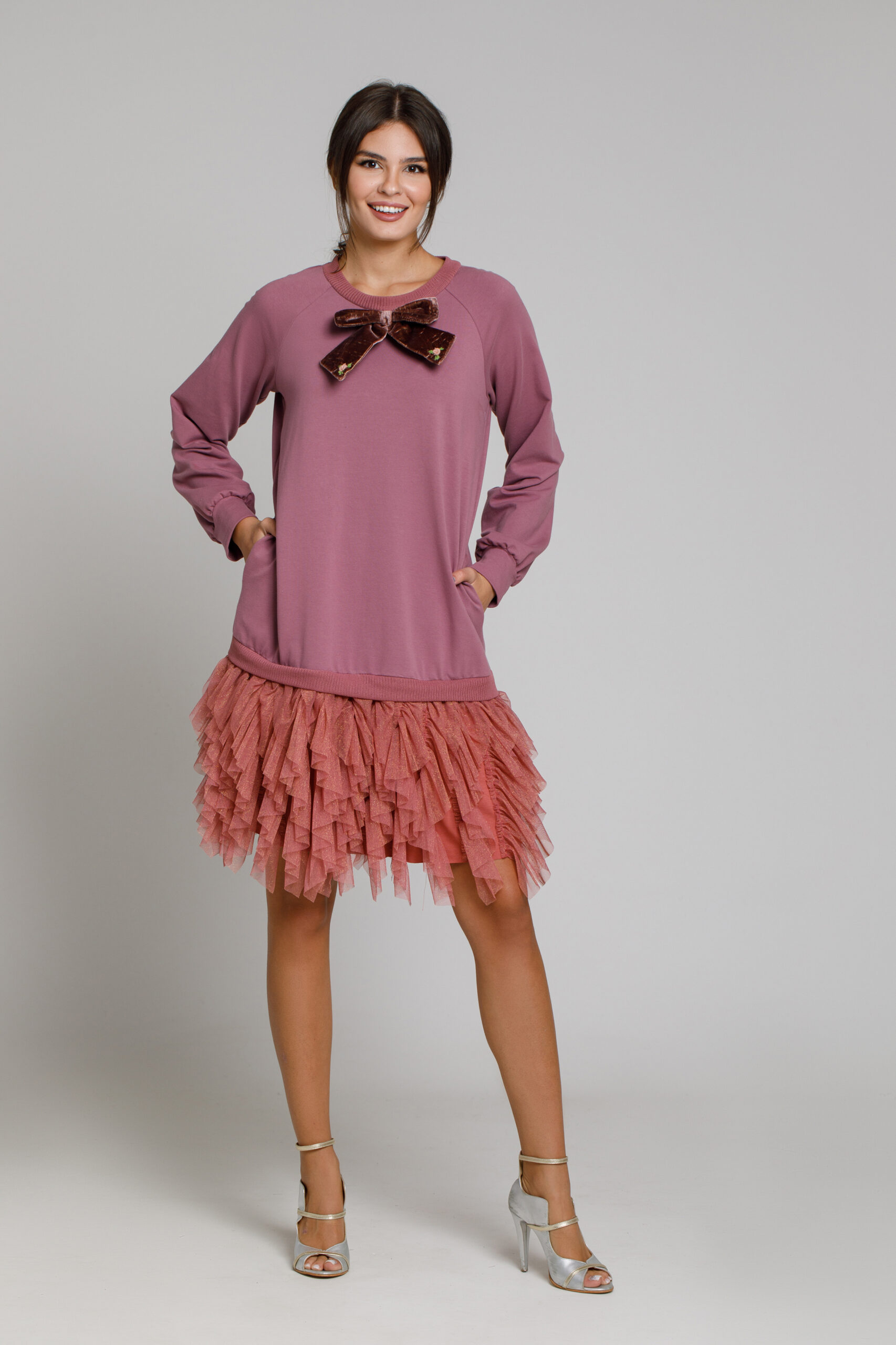 ABINA lilac plush dress with tulle ruffles. Natural fabrics, original design, handmade embroidery