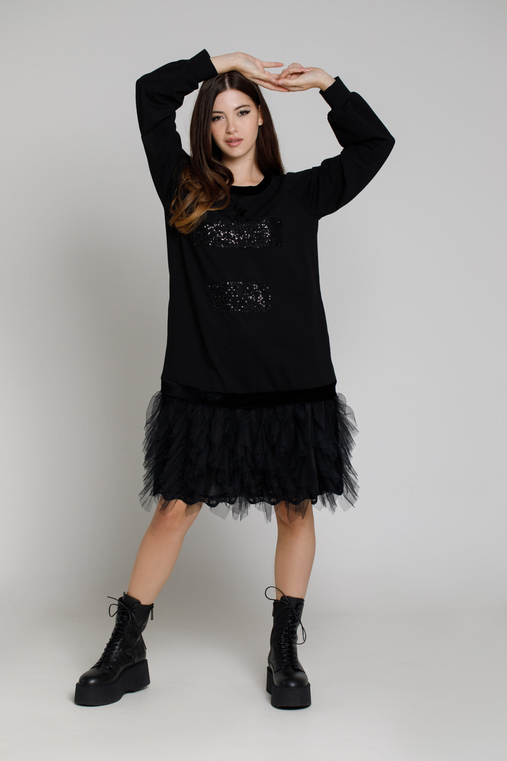 ABINA black velvet dress with tulle ruffles. Natural fabrics, original design, handmade embroidery