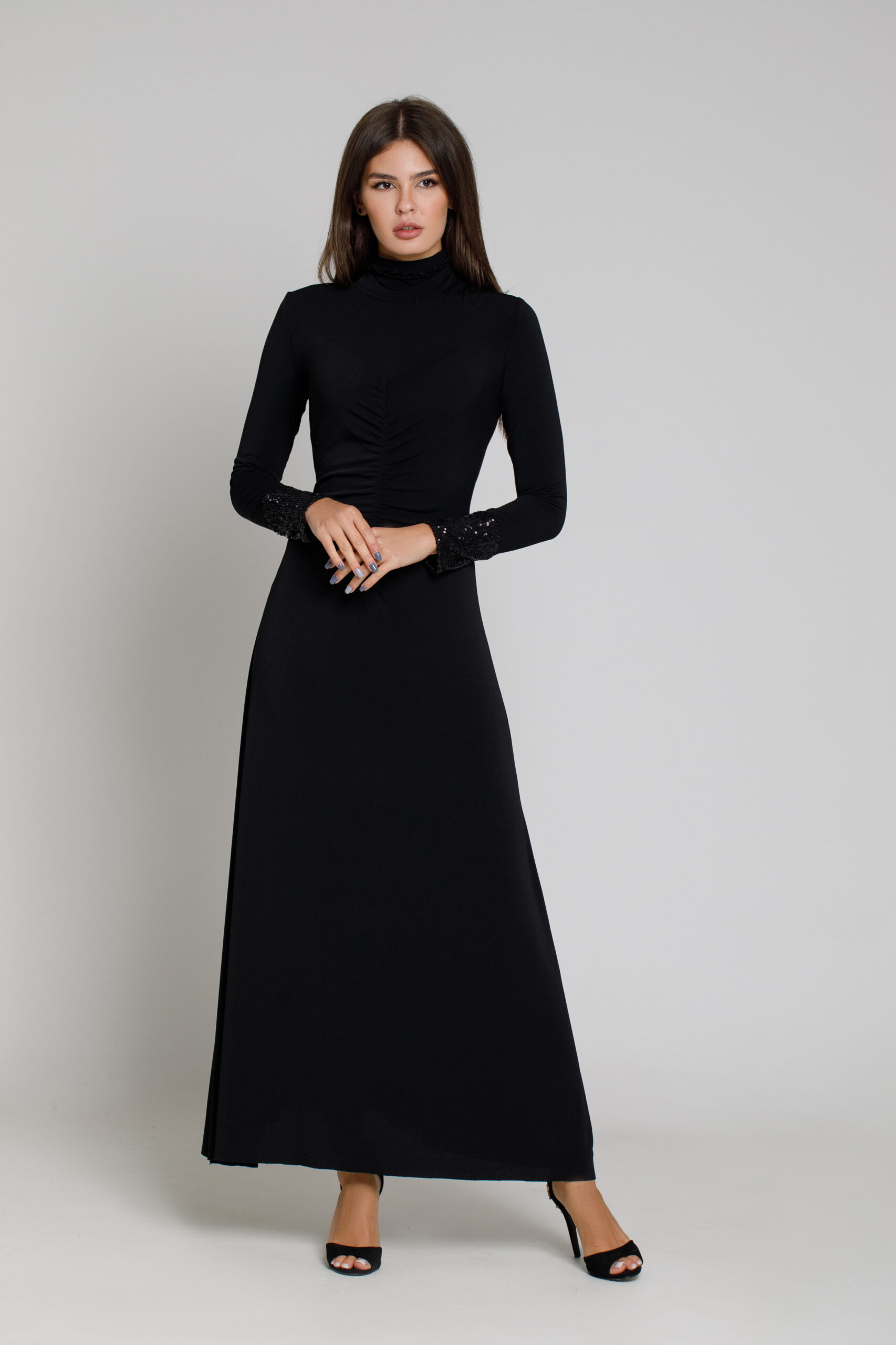 KALINDA long black jersey dress with sequined cuffs. Natural fabrics, original design, handmade embroidery