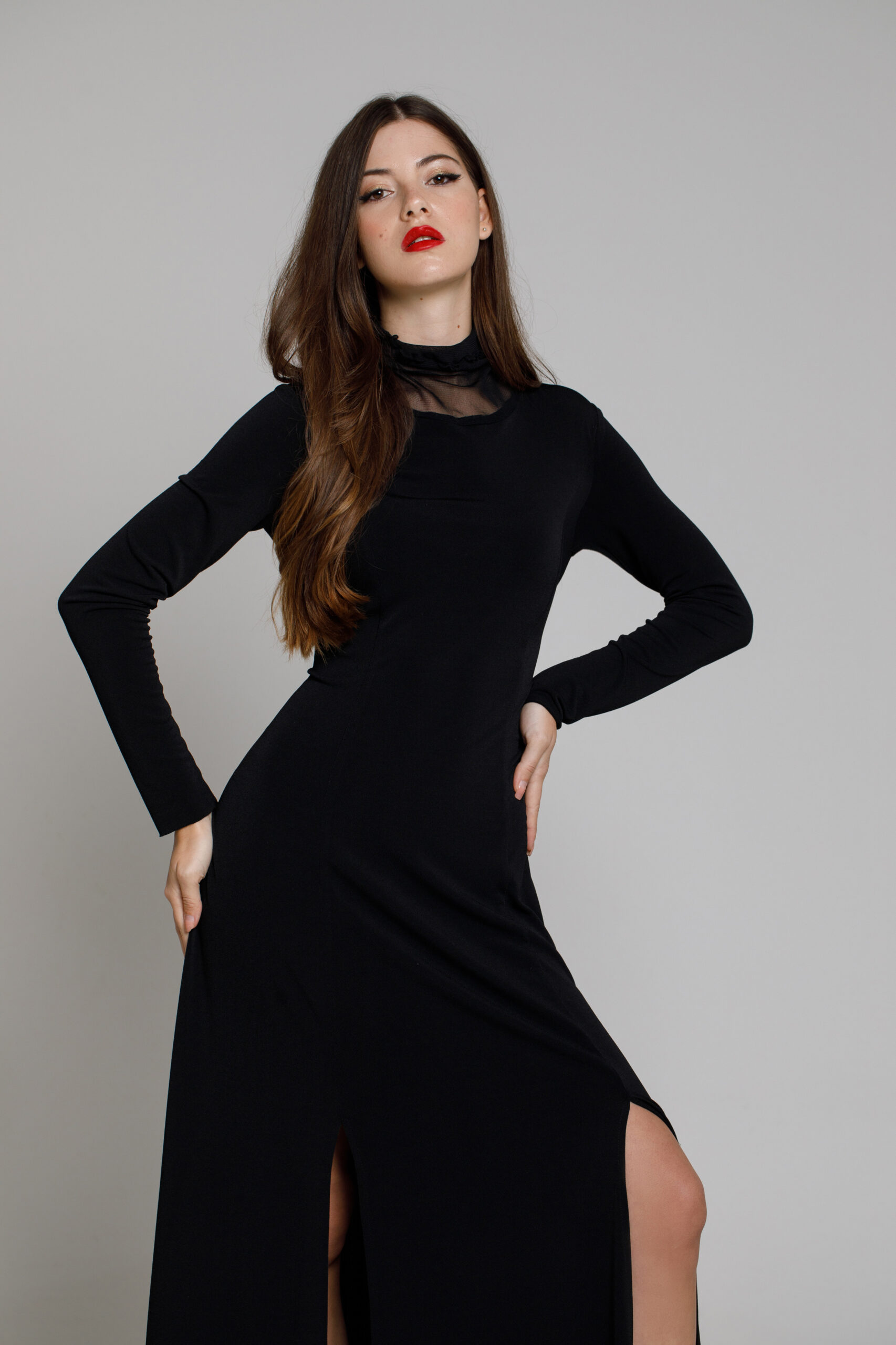 KASIA long black jersey dress. Natural fabrics, original design, handmade embroidery