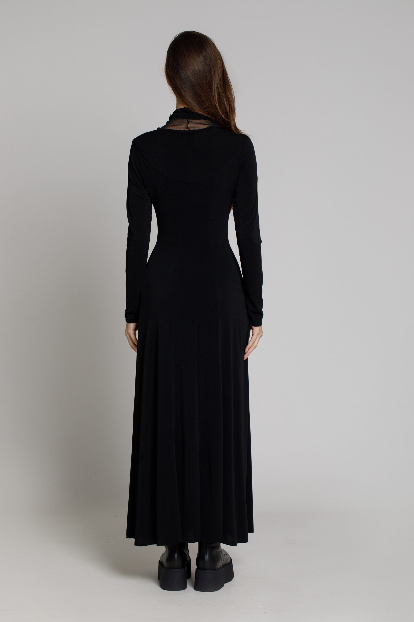 KASIA long black jersey dress. Natural fabrics, original design, handmade embroidery