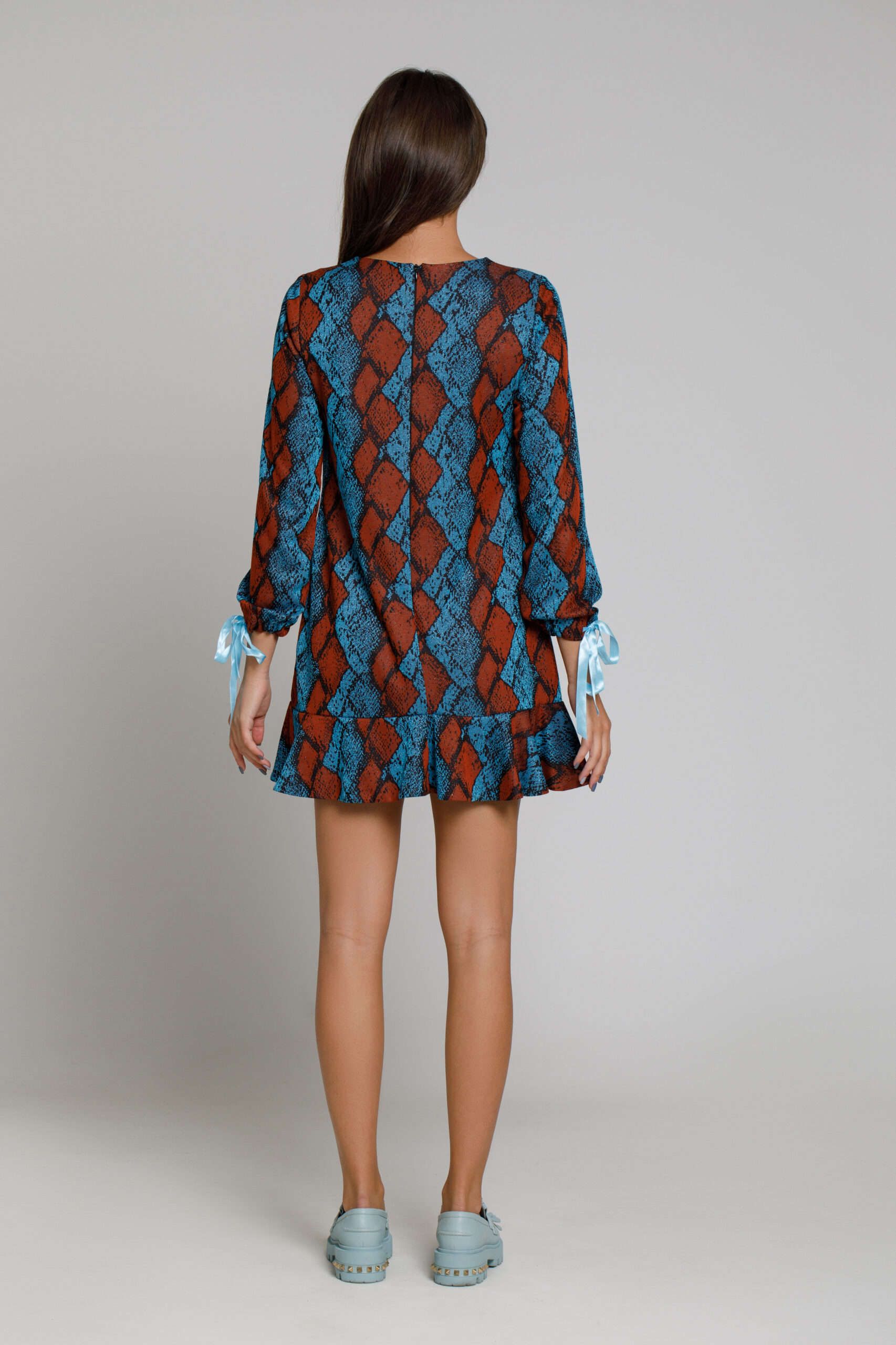 RUELLE jersey dress with brick frills. Natural fabrics, original design, handmade embroidery