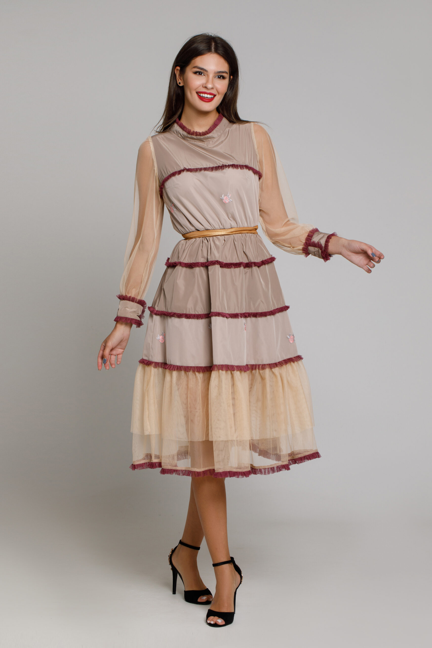 RUNA cream embroidered tulle dress. Natural fabrics, original design, handmade embroidery