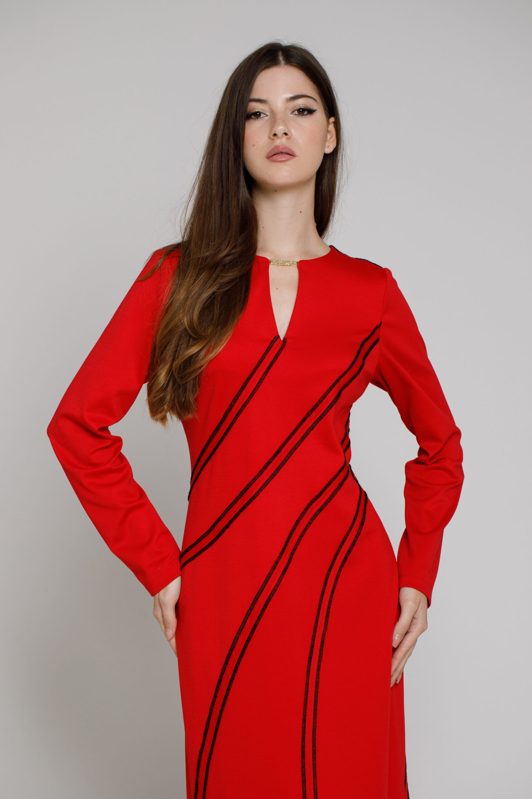 SELMA Red dress with highlighted seams. Natural fabrics, original design, handmade embroidery