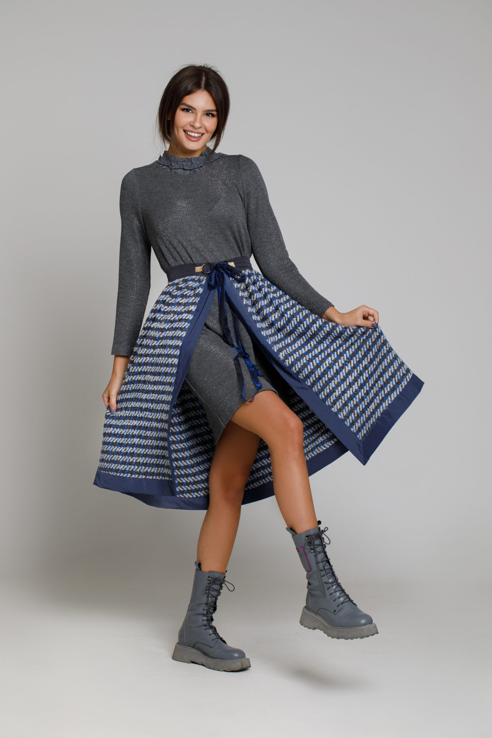 Gray VANORA dress and detachable woolen skirt. Natural fabrics, original design, handmade embroidery