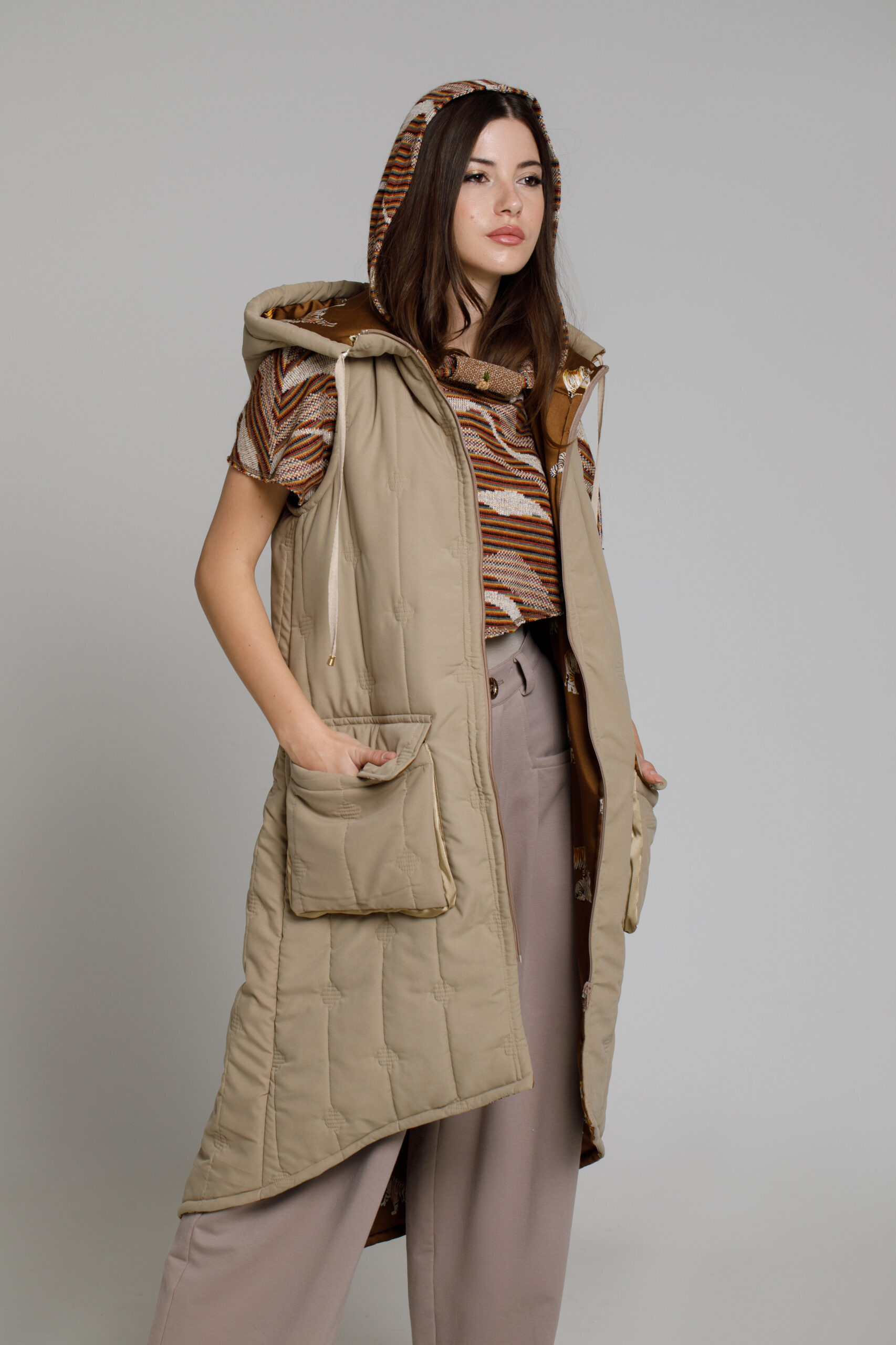 ETTA beige quilted vest with hood. Natural fabrics, original design, handmade embroidery