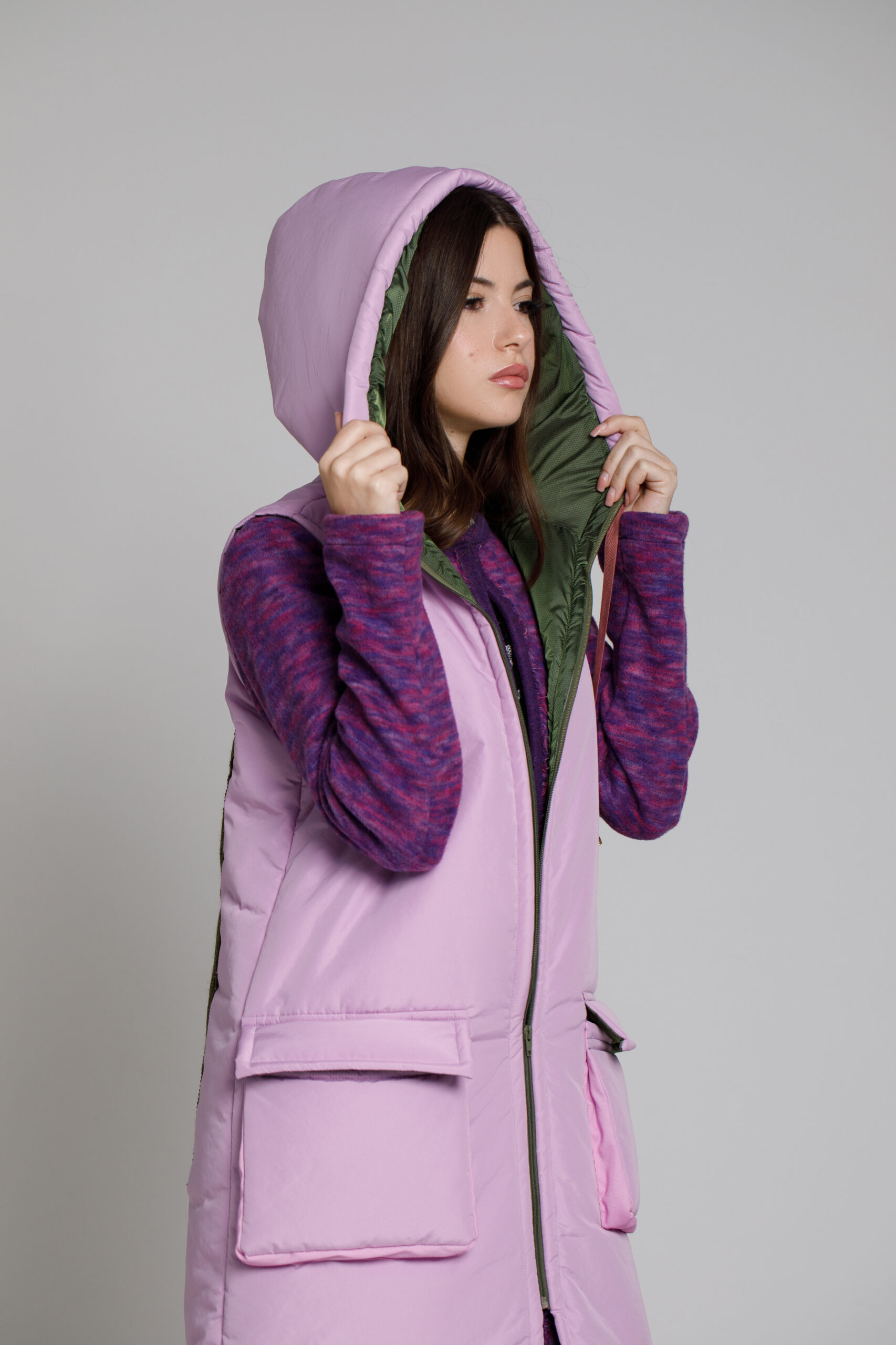 ETTA lilac vest with hood and applied pockets. Natural fabrics, original design, handmade embroidery