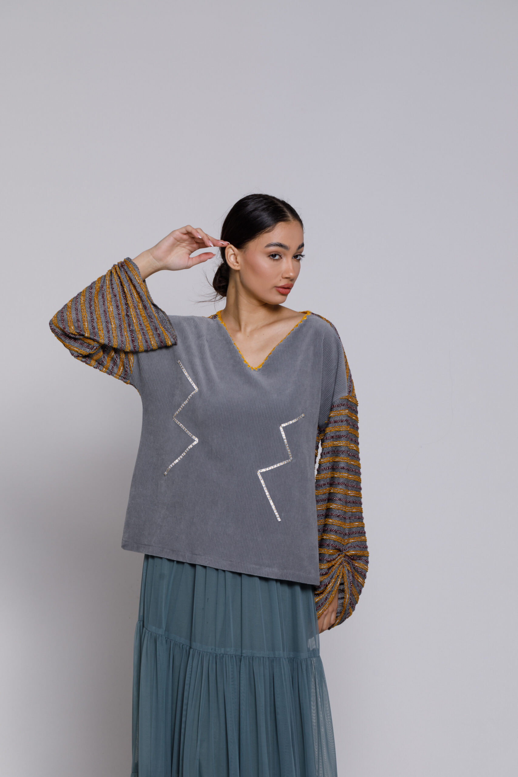 ORLY gray blouse with draped sleeves. Natural fabrics, original design, handmade embroidery