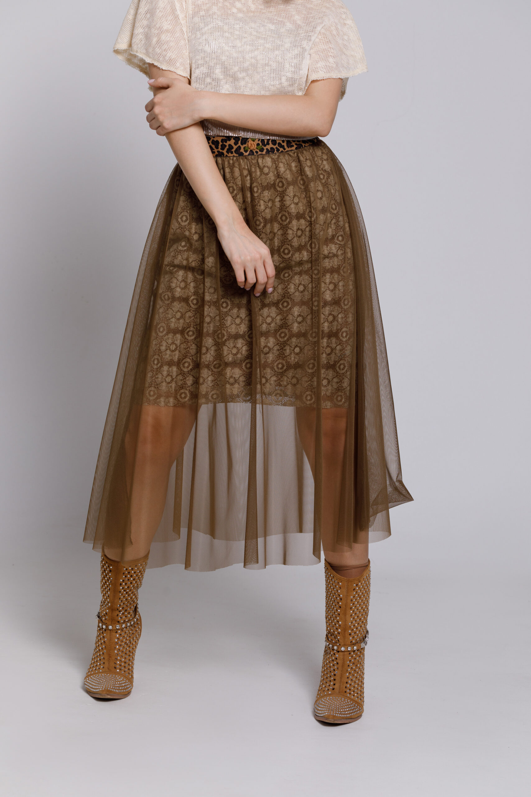 MABEL lace skirt with khaki tulle. Natural fabrics, original design, handmade embroidery