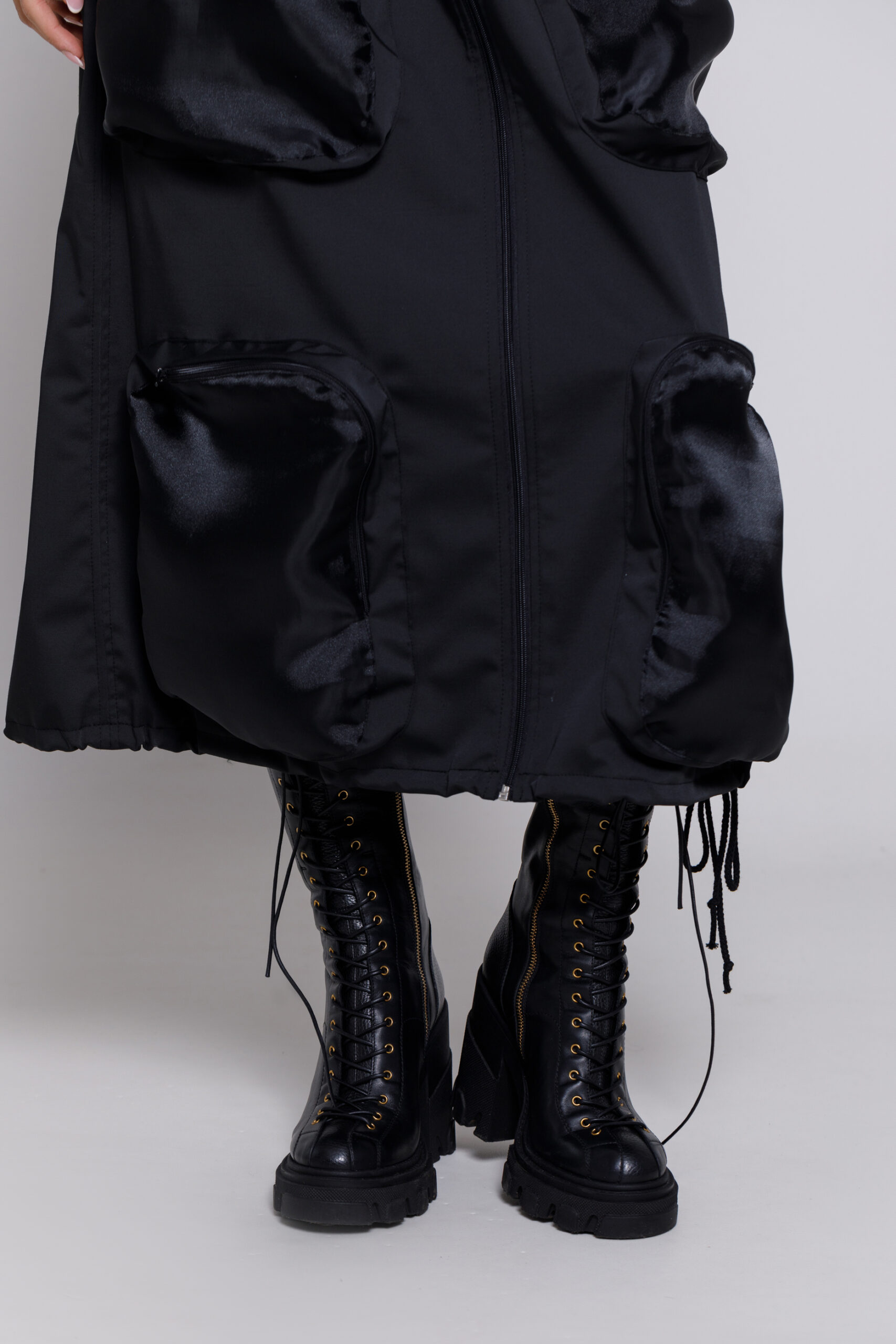 NOLA Black skirt with oversize organza pockets. Natural fabrics, original design, handmade embroidery