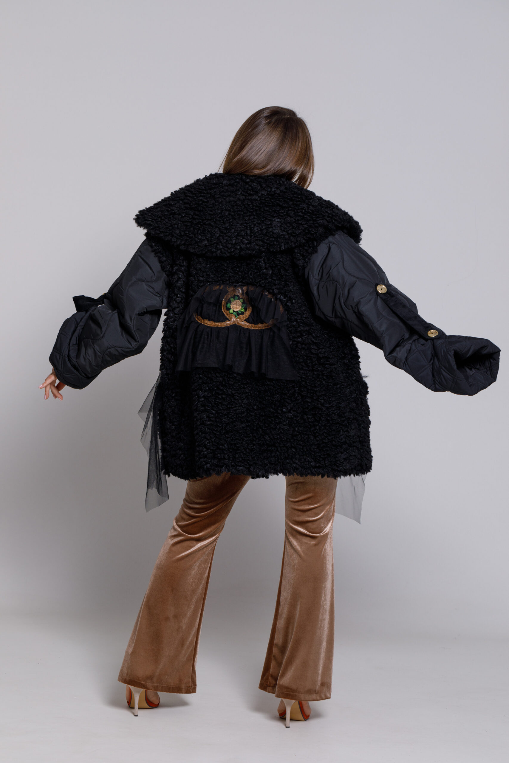 LEDA black quilted jacket with fur. Natural fabrics, original design, handmade embroidery