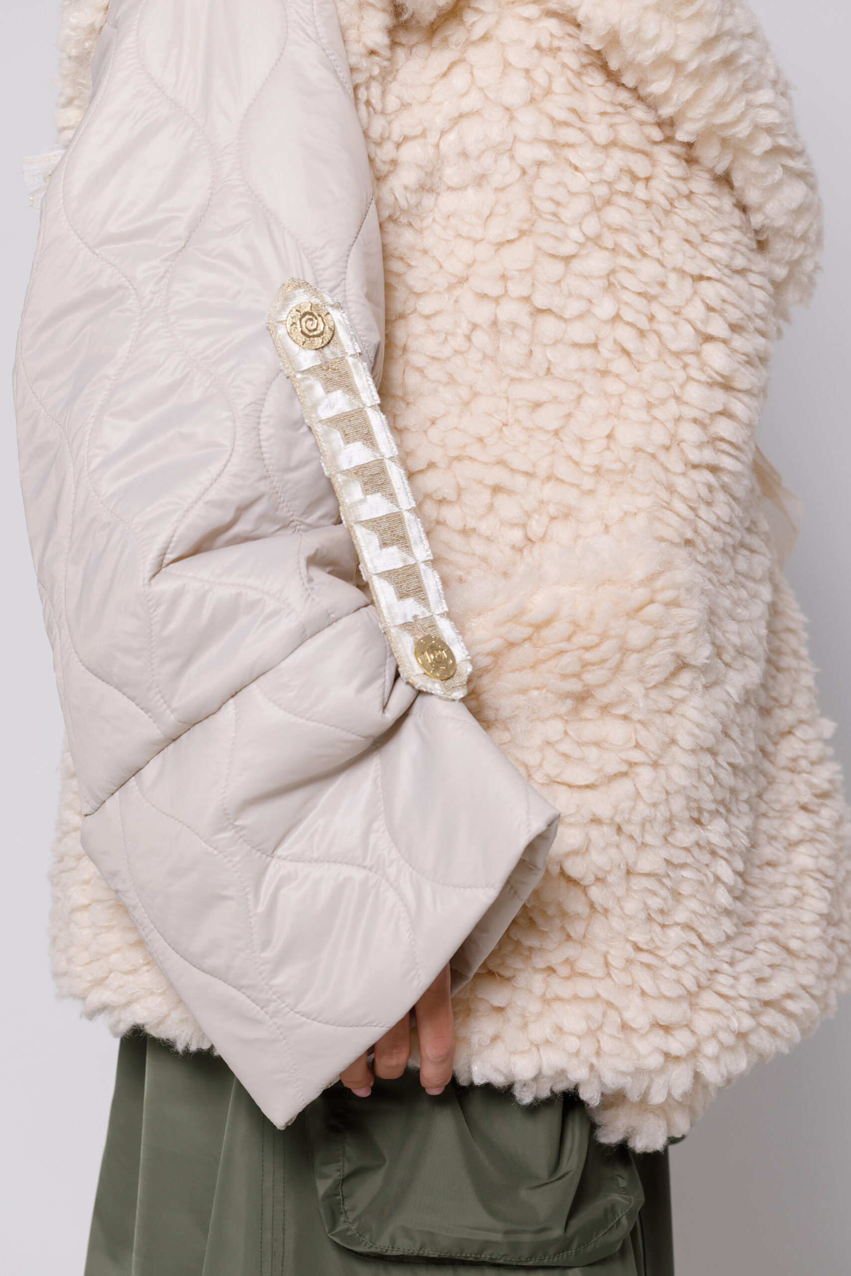LEDA cream quilted jacket with fur. Natural fabrics, original design, handmade embroidery