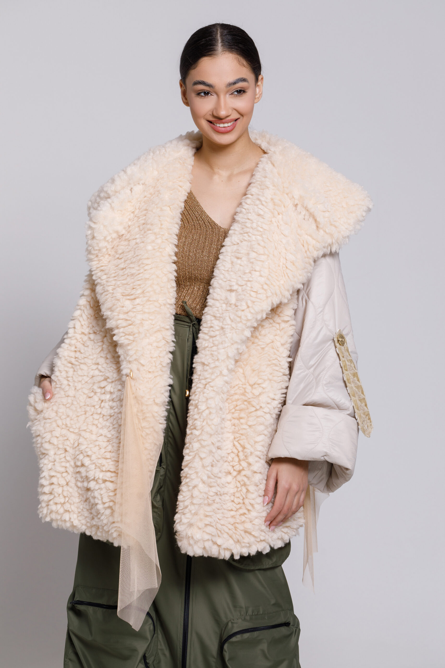 LEDA cream quilted jacket with fur. Natural fabrics, original design, handmade embroidery