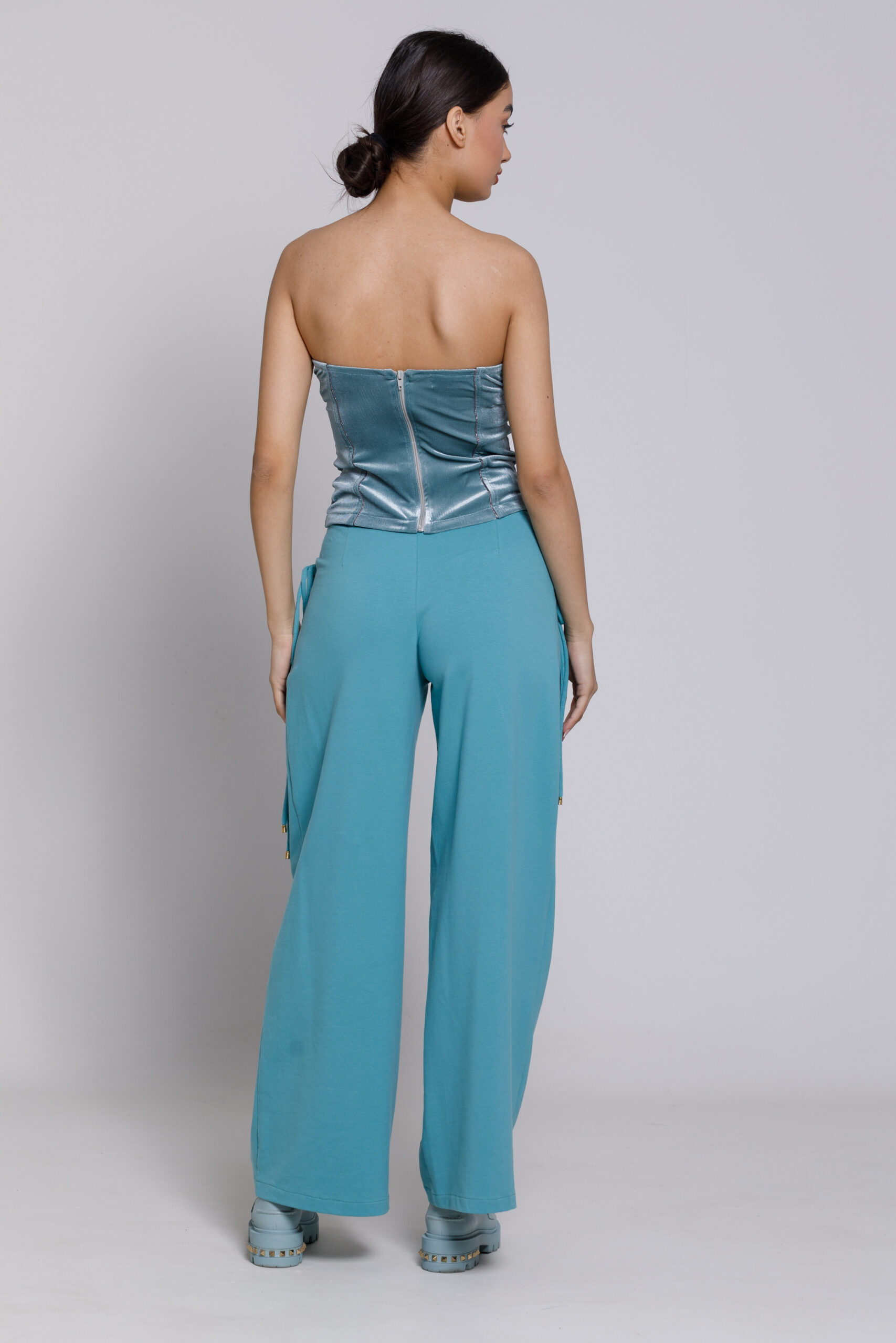 Pantalon BONNIE  turcoaz. Materiale naturale, design unicat, cu broderie si aplicatii handmade