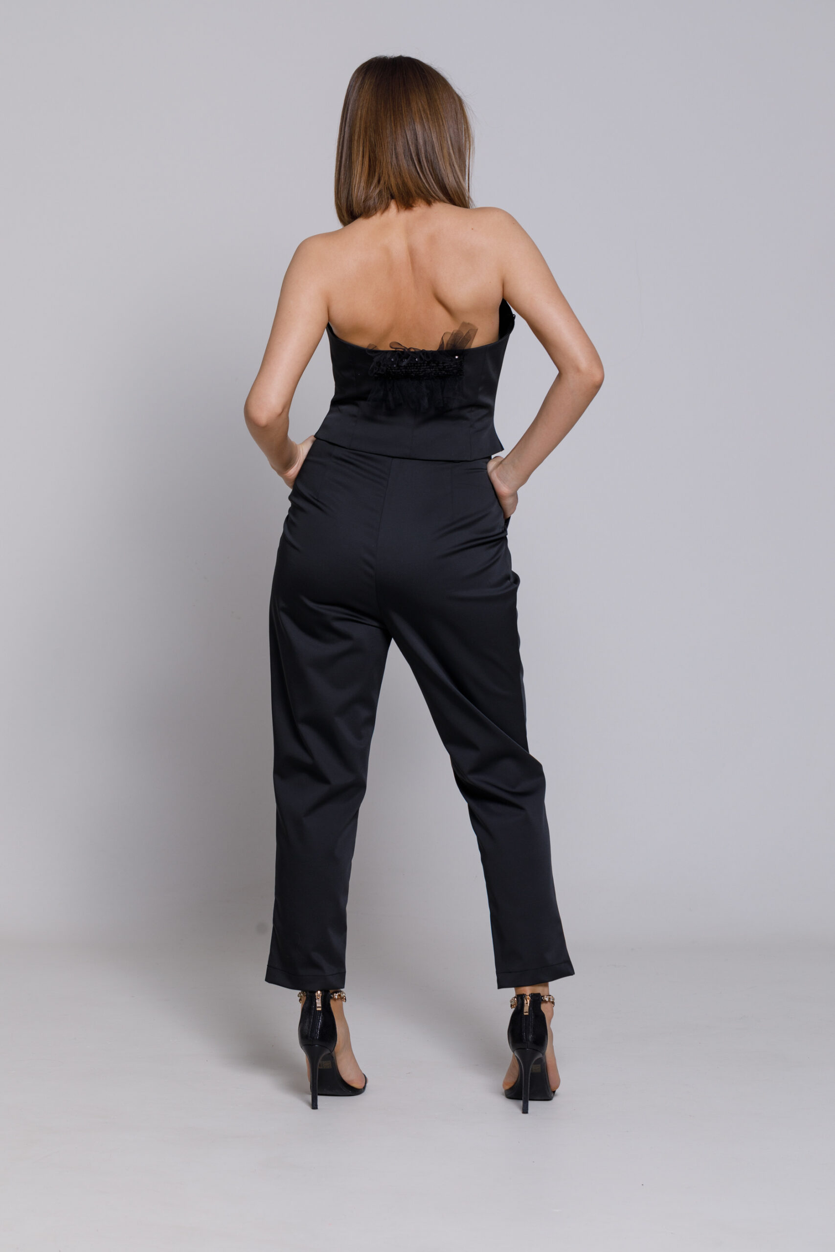 Pantalon CARMEN negru cu curea. Materiale naturale, design unicat, cu broderie si aplicatii handmade