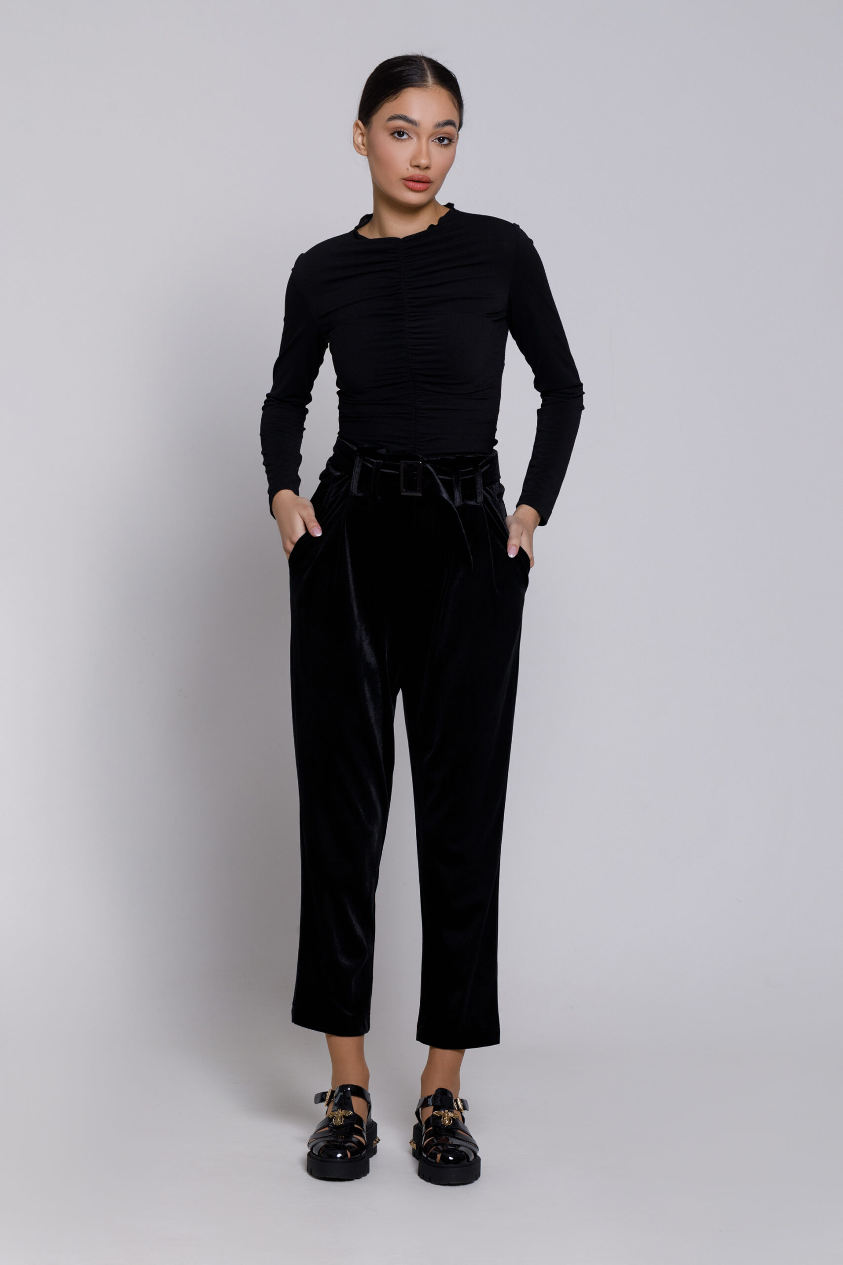 CARMEN black velvet pants with belt. Natural fabrics, original design, handmade embroidery
