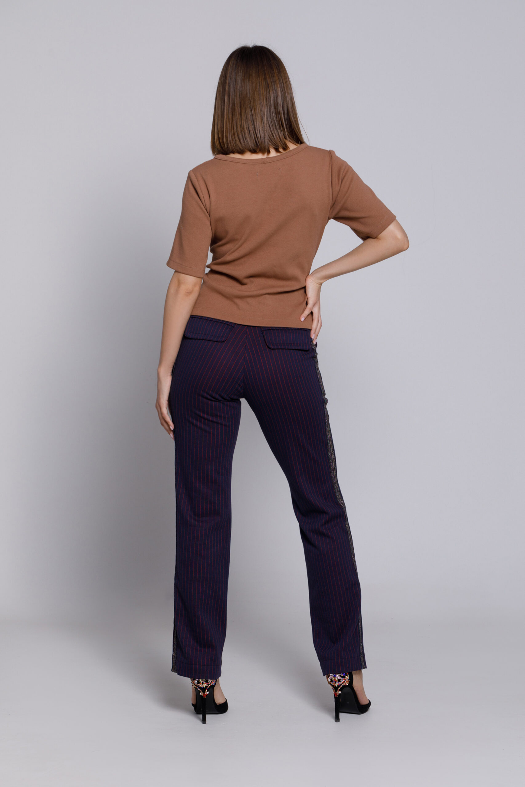 Pantalon GLADYS bleumarin cu dungi rosii. Materiale naturale, design unicat, cu broderie si aplicatii handmade