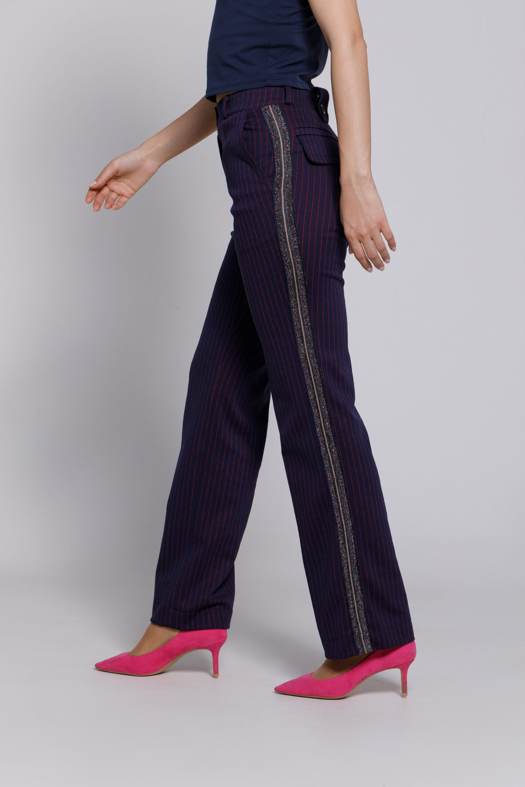Pantalon GLADYS bleumarin cu dungi rosii. Materiale naturale, design unicat, cu broderie si aplicatii handmade