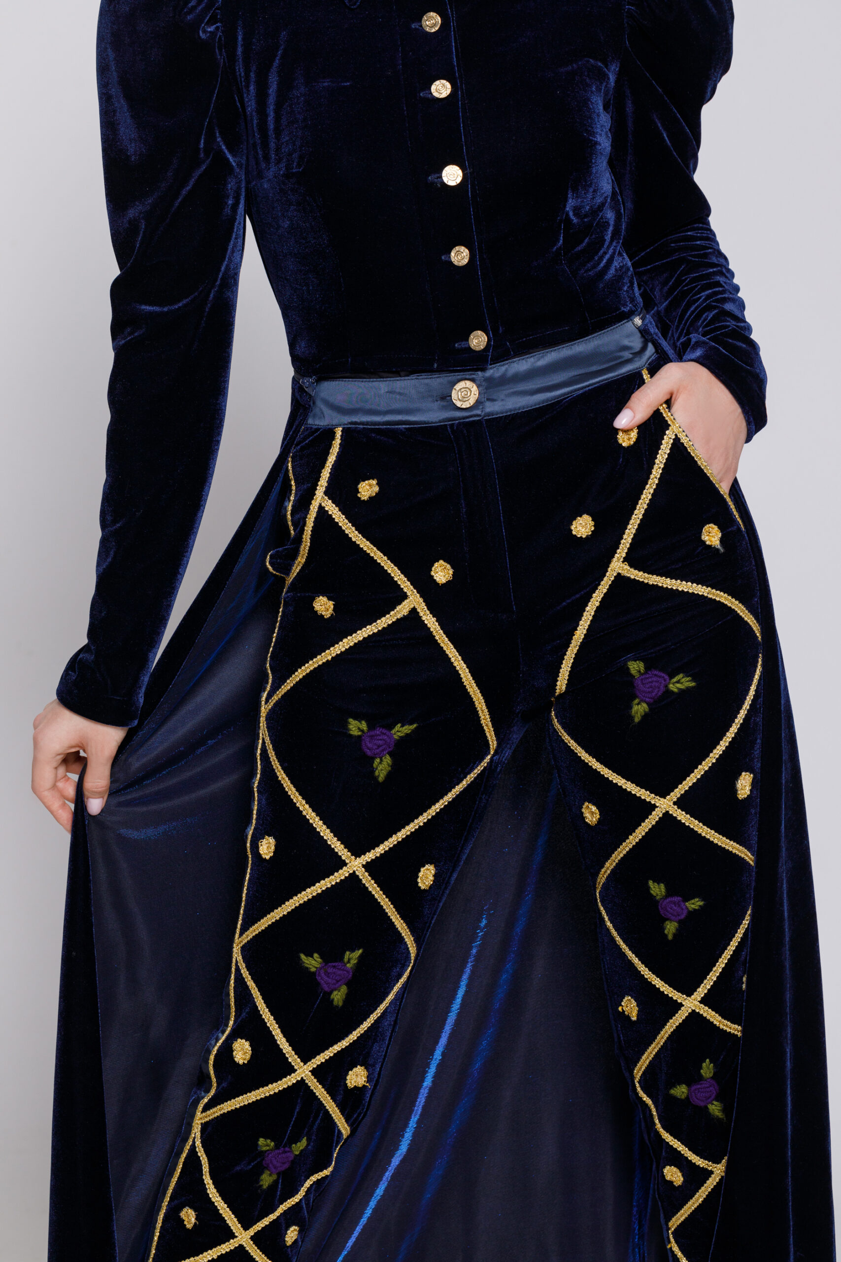 TAMAR pants in navy blue velvet with golden rhombuses. Natural fabrics, original design, handmade embroidery