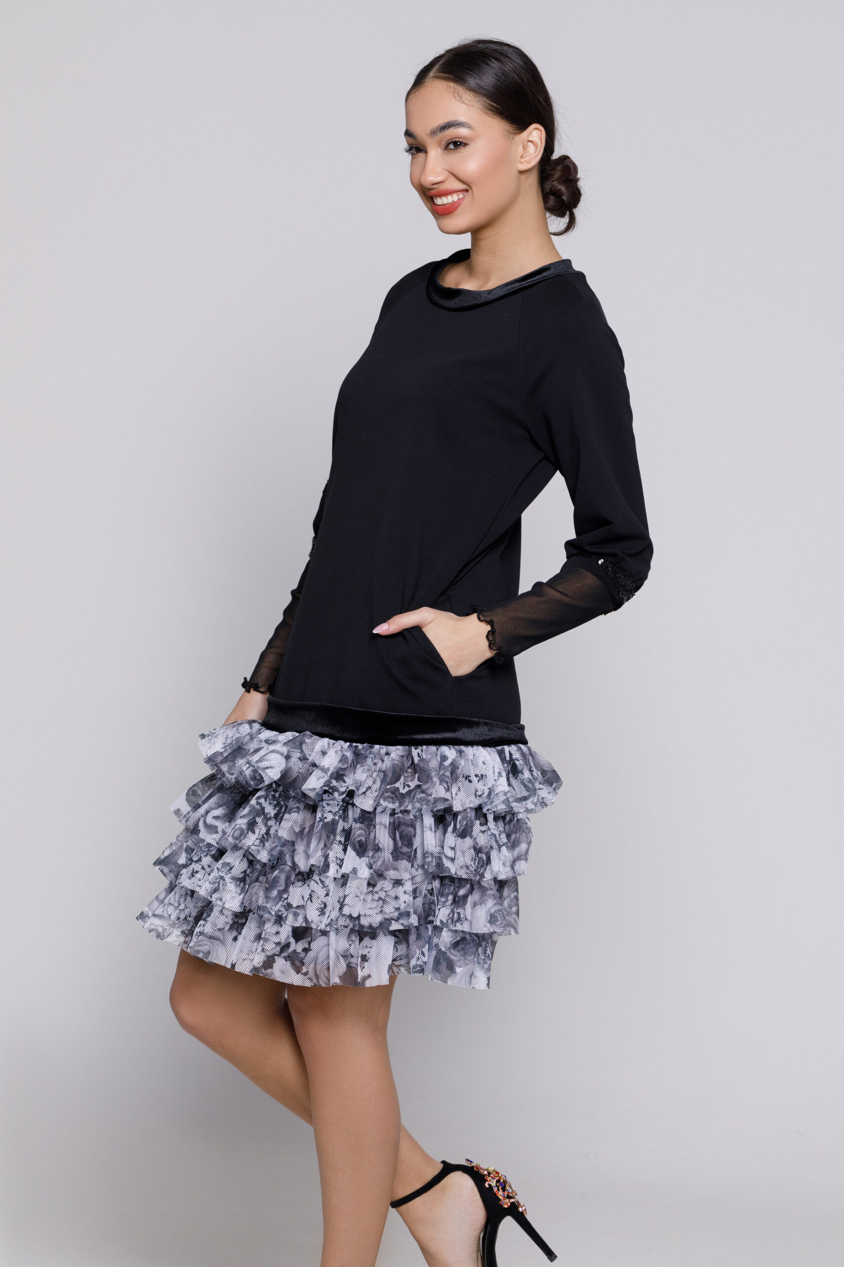 ABINA black dress with black and white frills. Natural fabrics, original design, handmade embroidery