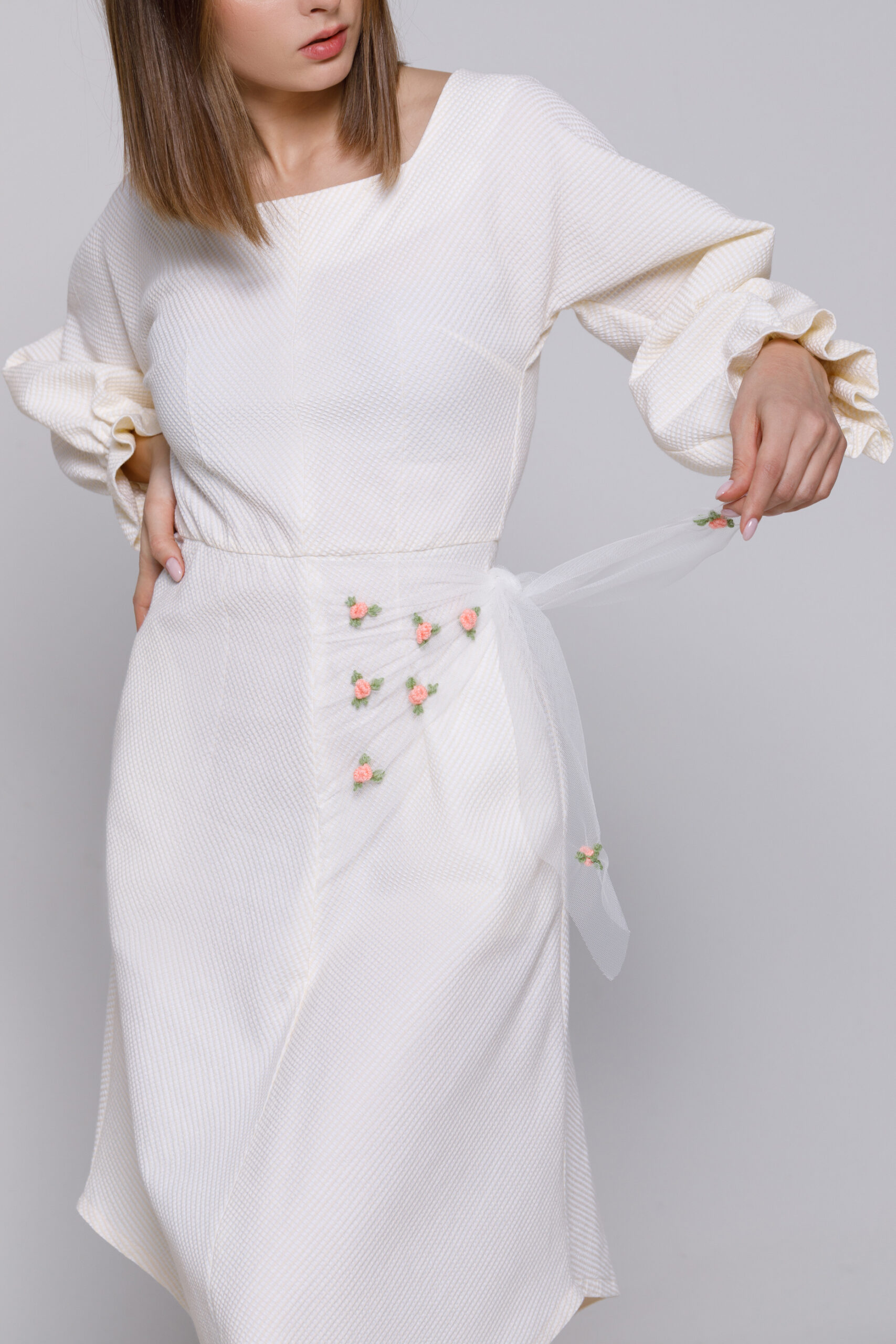 HARRIS white asymmetric dress. Natural fabrics, original design, handmade embroidery