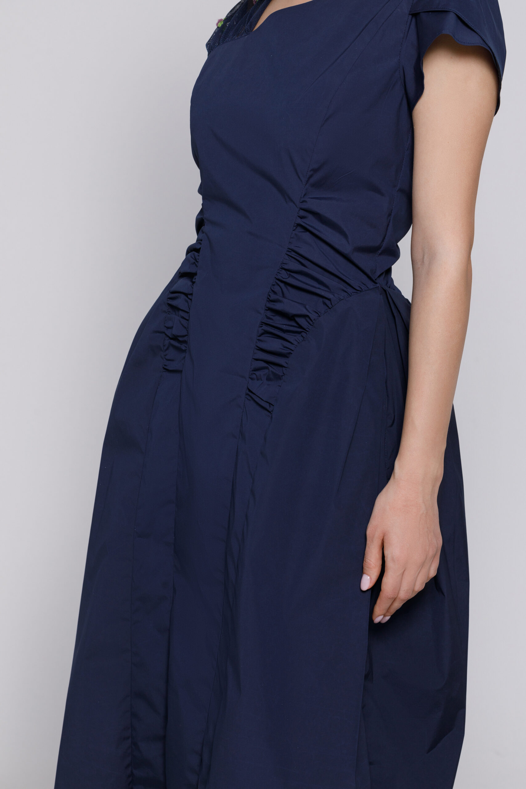 KEIRA powder blue dress with drape. Natural fabrics, original design, handmade embroidery