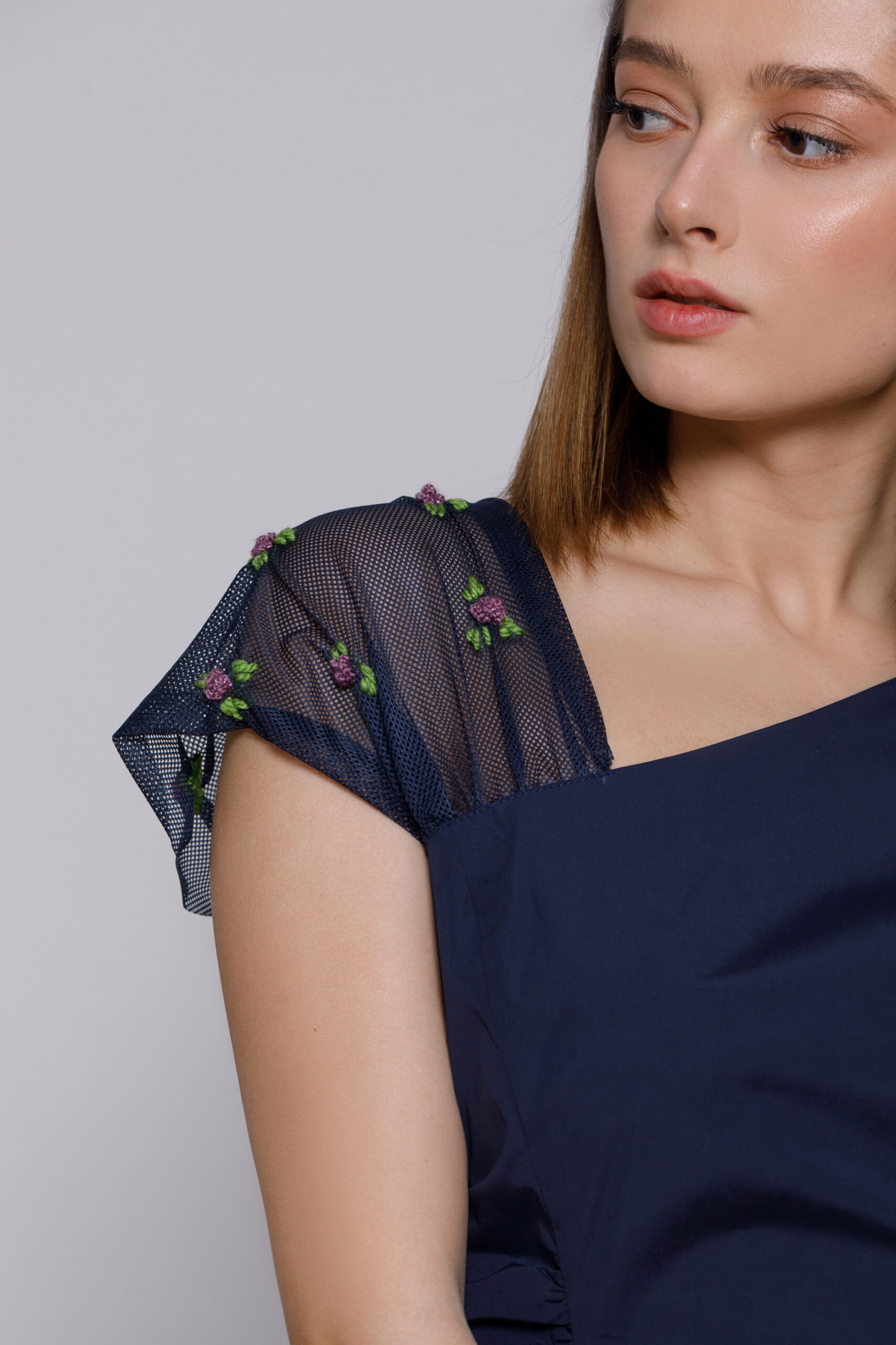 KEIRA powder blue dress with drape. Natural fabrics, original design, handmade embroidery