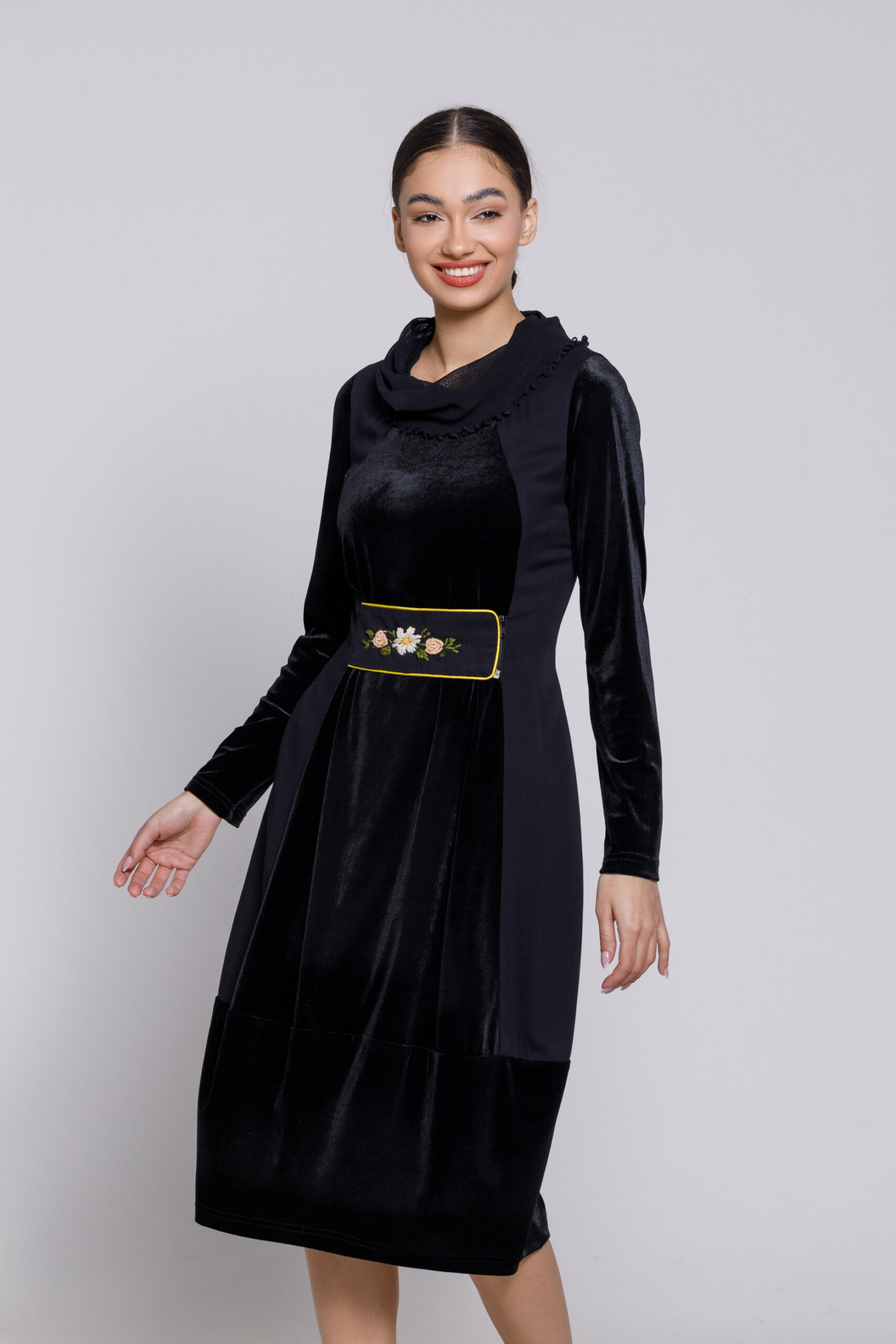 RAELYN black velvet and plush dress. Natural fabrics, original design, handmade embroidery