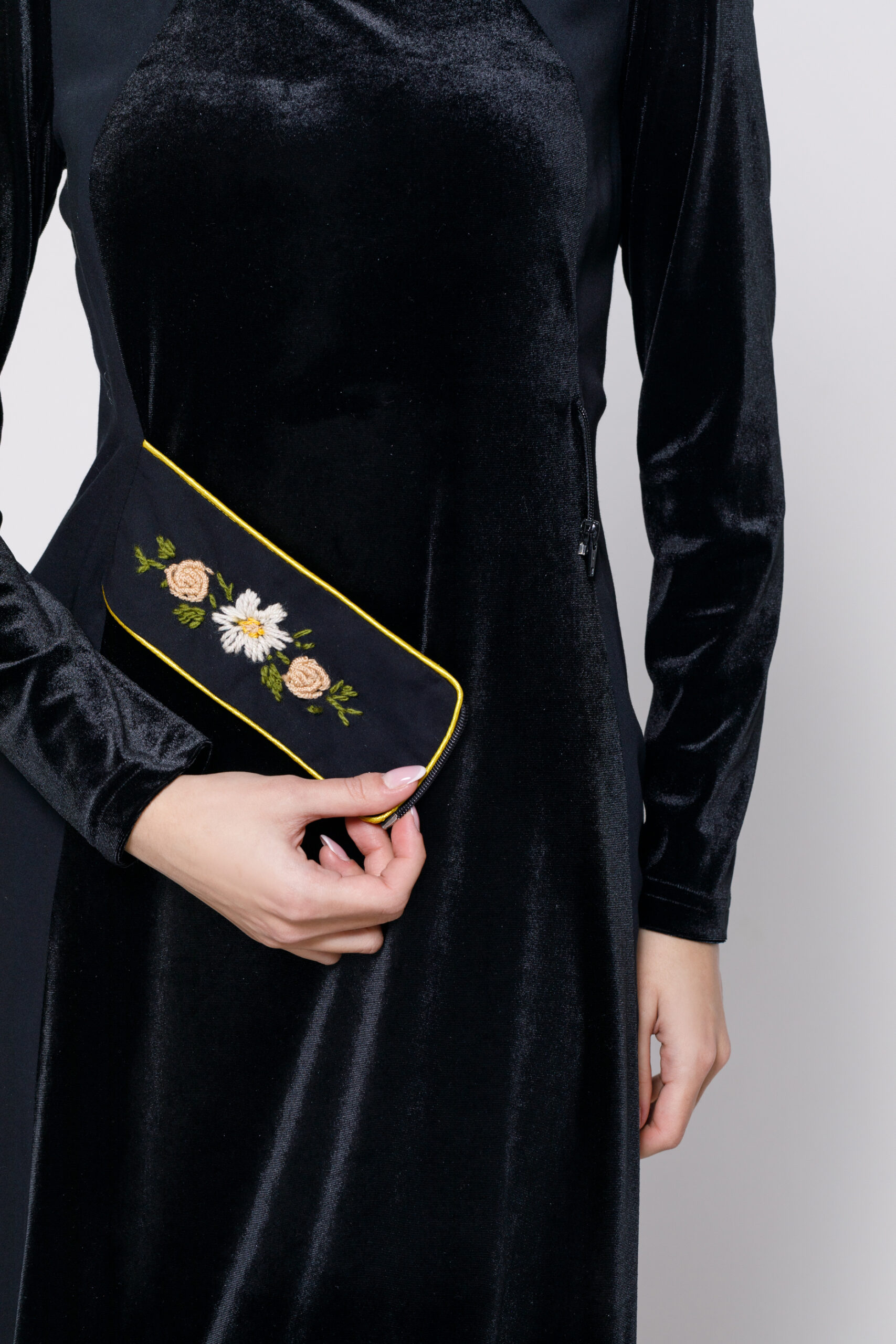 RAELYN black velvet and plush dress. Natural fabrics, original design, handmade embroidery