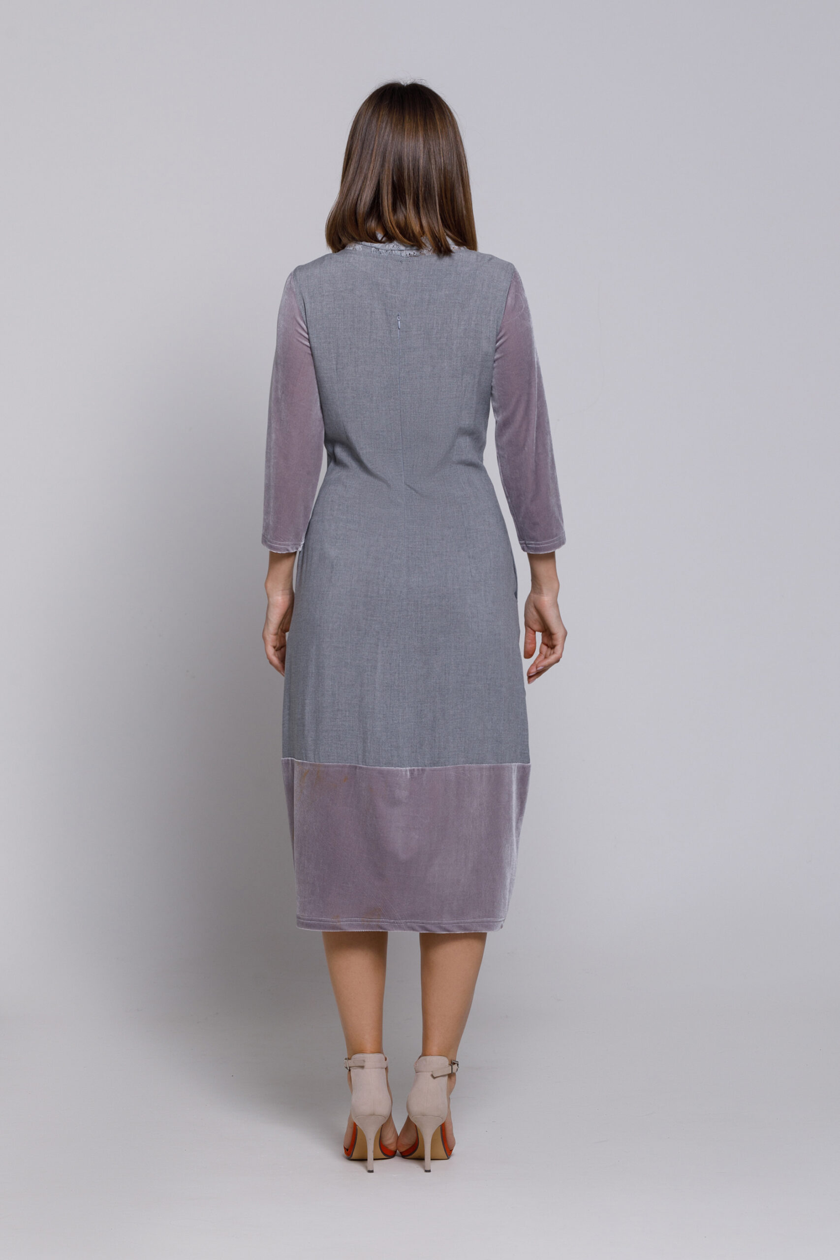 RAELYN dress in gray velvet and poplin. Natural fabrics, original design, handmade embroidery