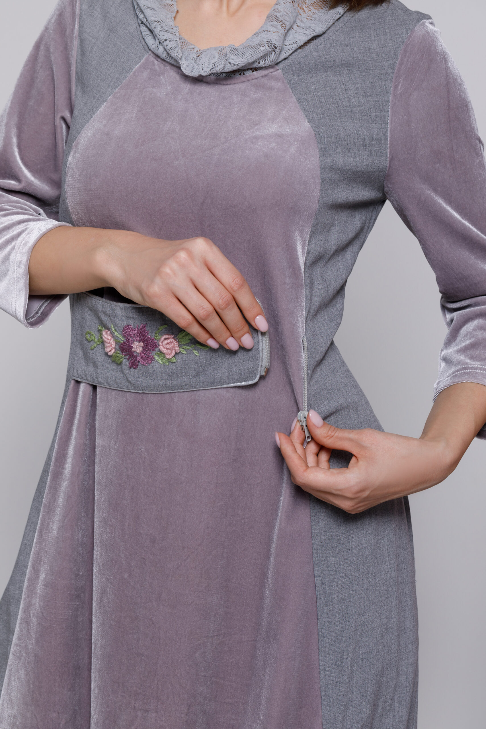 RAELYN dress in gray velvet and poplin. Natural fabrics, original design, handmade embroidery