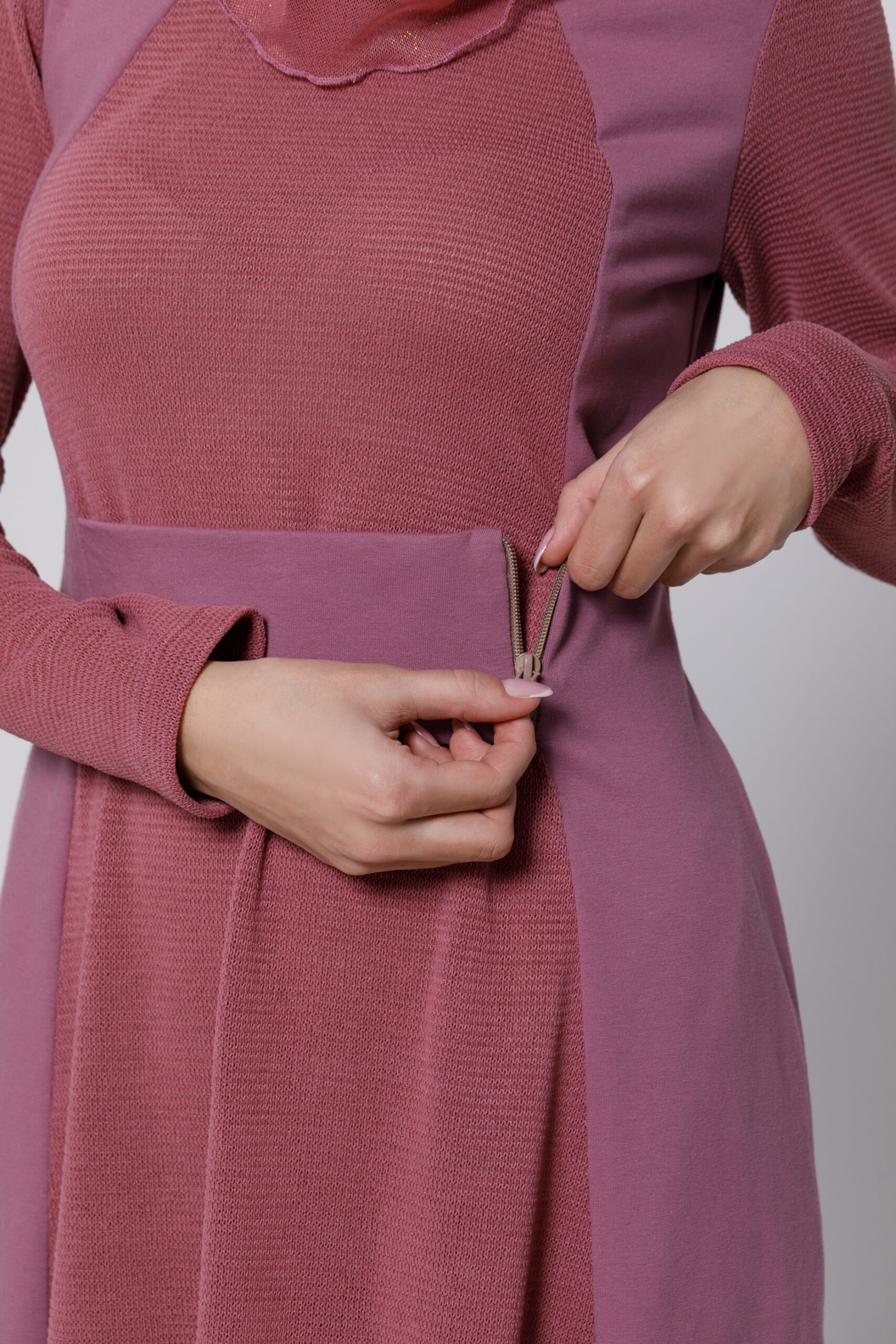 RAELYN midi dress in raspberry knit and plush. Natural fabrics, original design, handmade embroidery
