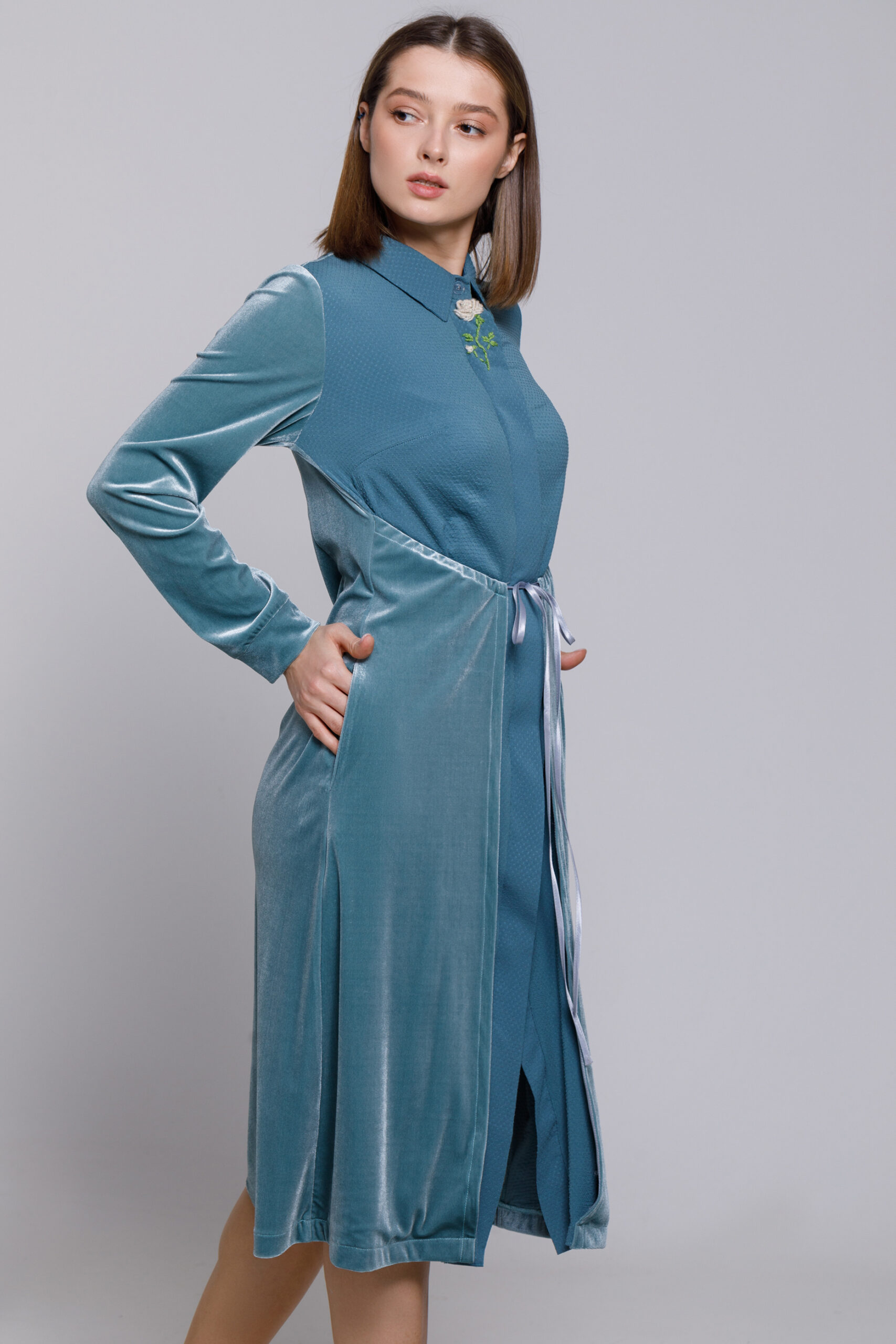 STORY dress in blue velvet and viscose. Natural fabrics, original design, handmade embroidery