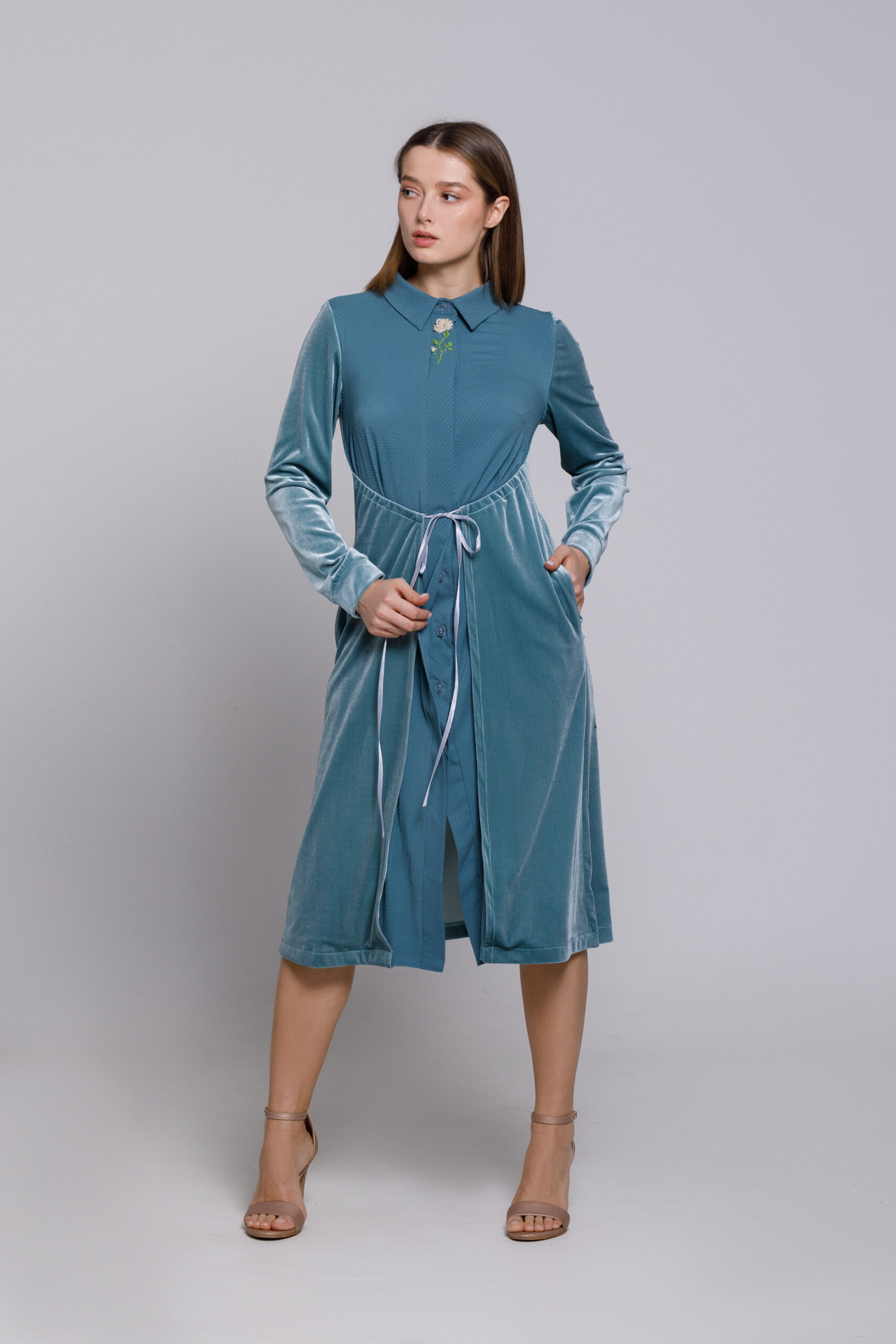 STORY dress in blue velvet and viscose. Natural fabrics, original design, handmade embroidery